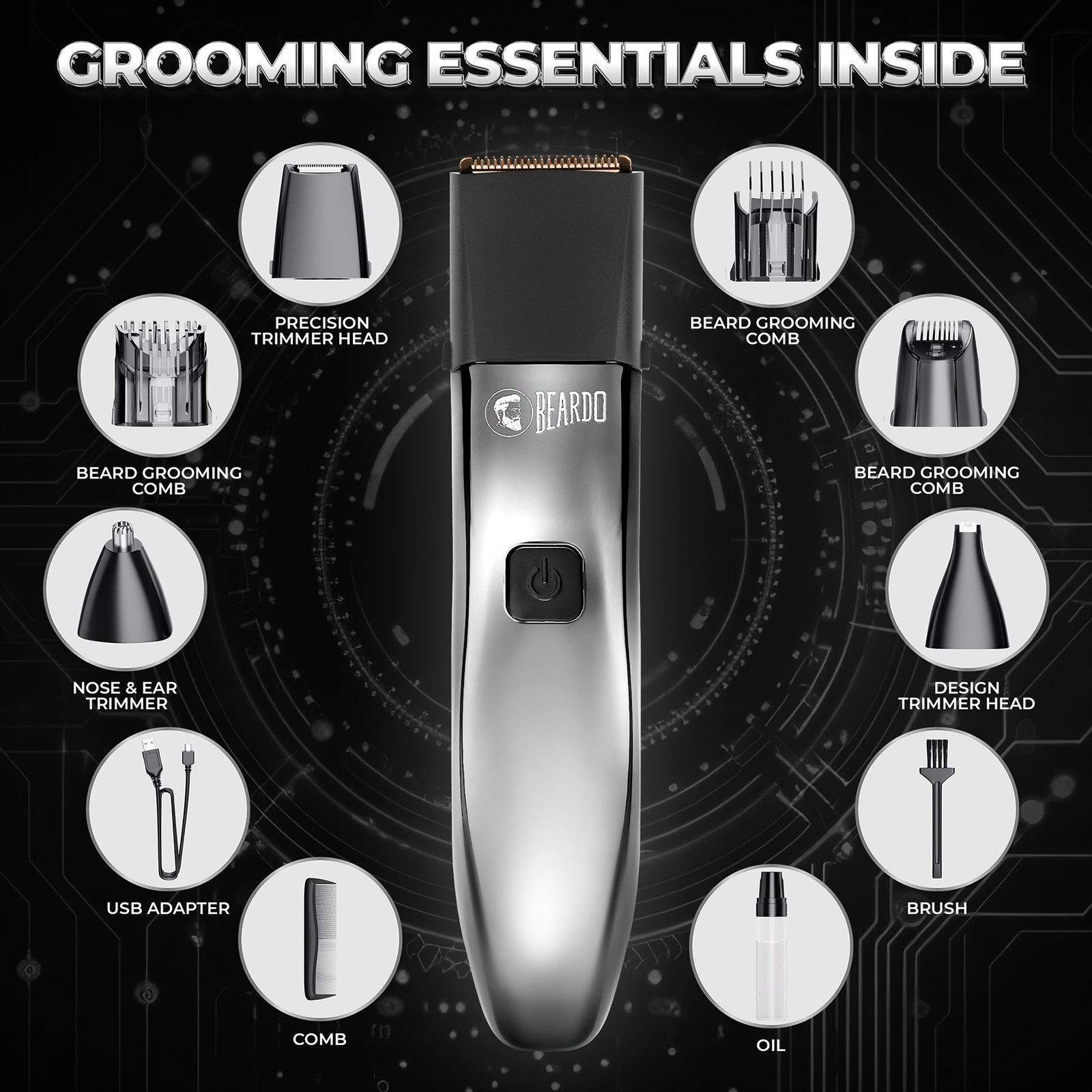 BEARDO Chrome Beast 8-in-1 Rechargeable Cordless Grooming Kit for Face, Nose & Ear, Beard & Moustche, Intimate Area, Head & Body for Men (90mins Runtime, Sleek Grooming Station, Black)_13