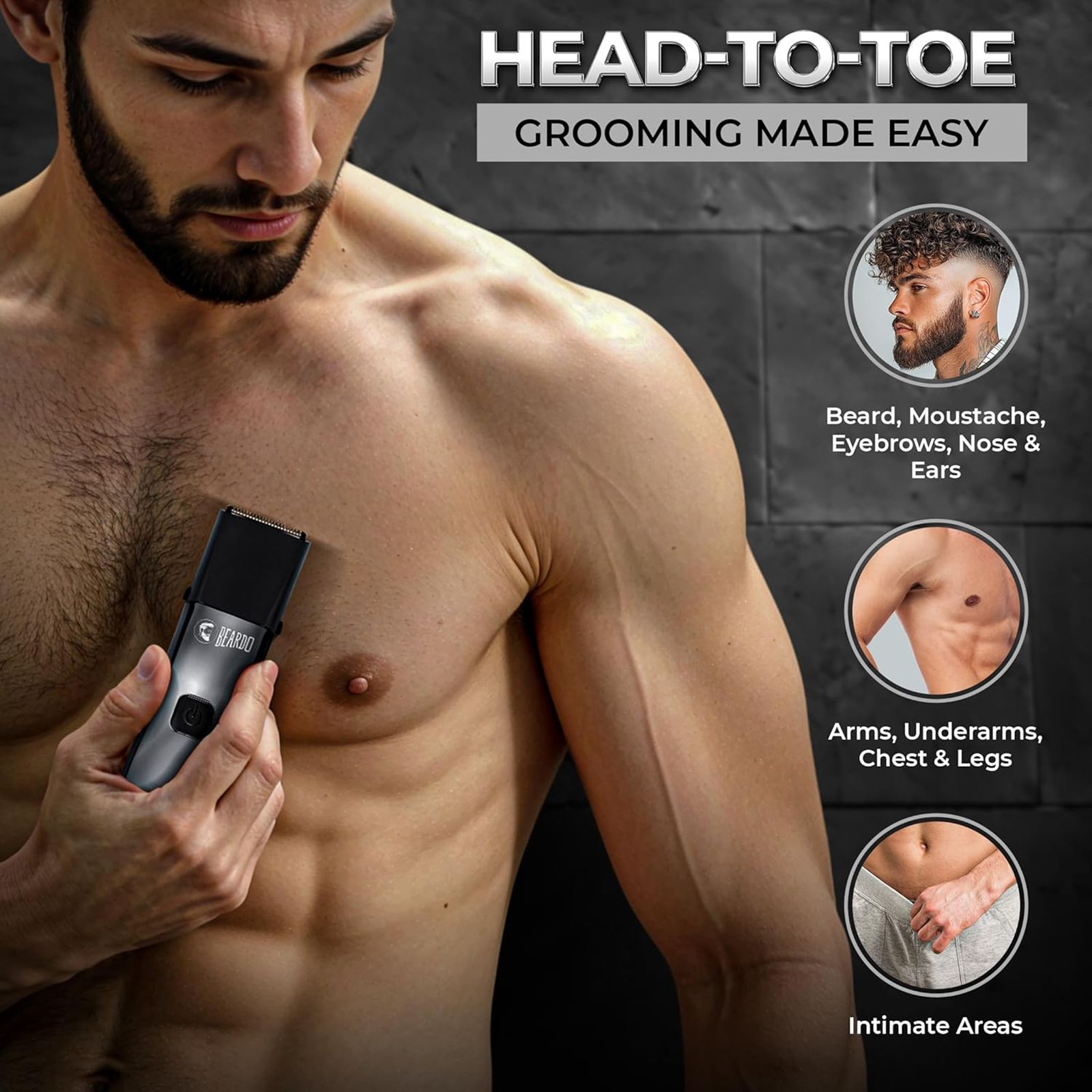 BEARDO Chrome Beast 8-in-1 Rechargeable Cordless Grooming Kit for Face, Nose & Ear, Beard & Moustche, Intimate Area, Head & Body for Men (90mins Runtime, Sleek Grooming Station, Black)_4