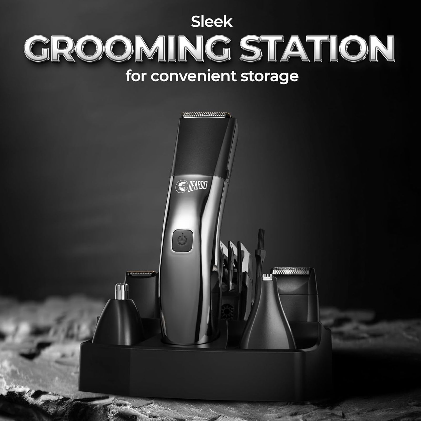 BEARDO Chrome Beast 8-in-1 Rechargeable Cordless Grooming Kit for Face, Nose & Ear, Beard & Moustche, Intimate Area, Head & Body for Men (90mins Runtime, Sleek Grooming Station, Black)_5