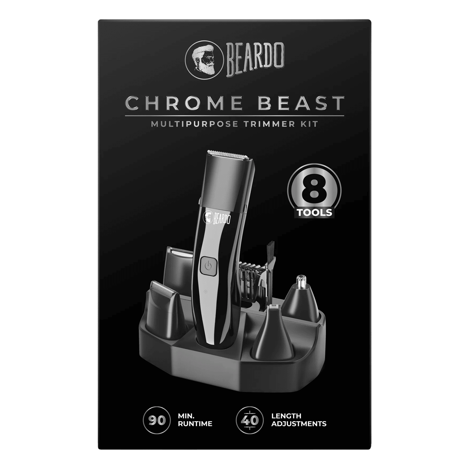 BEARDO Chrome Beast 8-in-1 Rechargeable Cordless Grooming Kit for Face, Nose & Ear, Beard & Moustche, Intimate Area, Head & Body for Men (90mins Runtime, Sleek Grooming Station, Black)_8