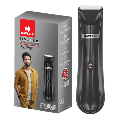 HAVELLS Ballex BG3300 Rechargeable Corded & Cordless Wet & Dry Trimmer for Beard, Body & Intimate Areas with 6 Length Settings for Men (60mins Runtime, Fast Charge, Black)