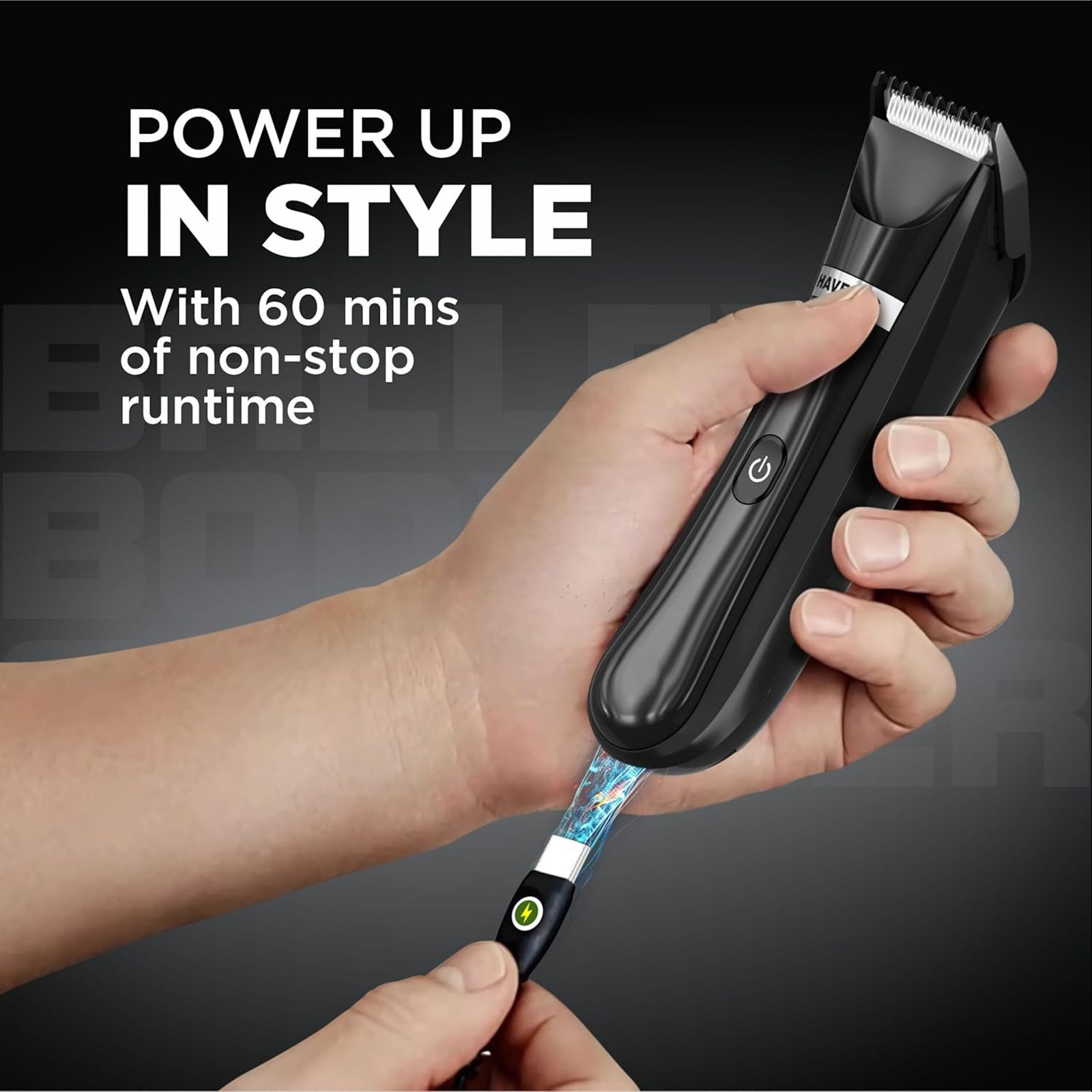 HAVELLS Ballex BG3300 Rechargeable Corded & Cordless Wet & Dry Trimmer for Beard, Body & Intimate Areas with 6 Length Settings for Men (60mins Runtime, Fast Charge, Black)_7
