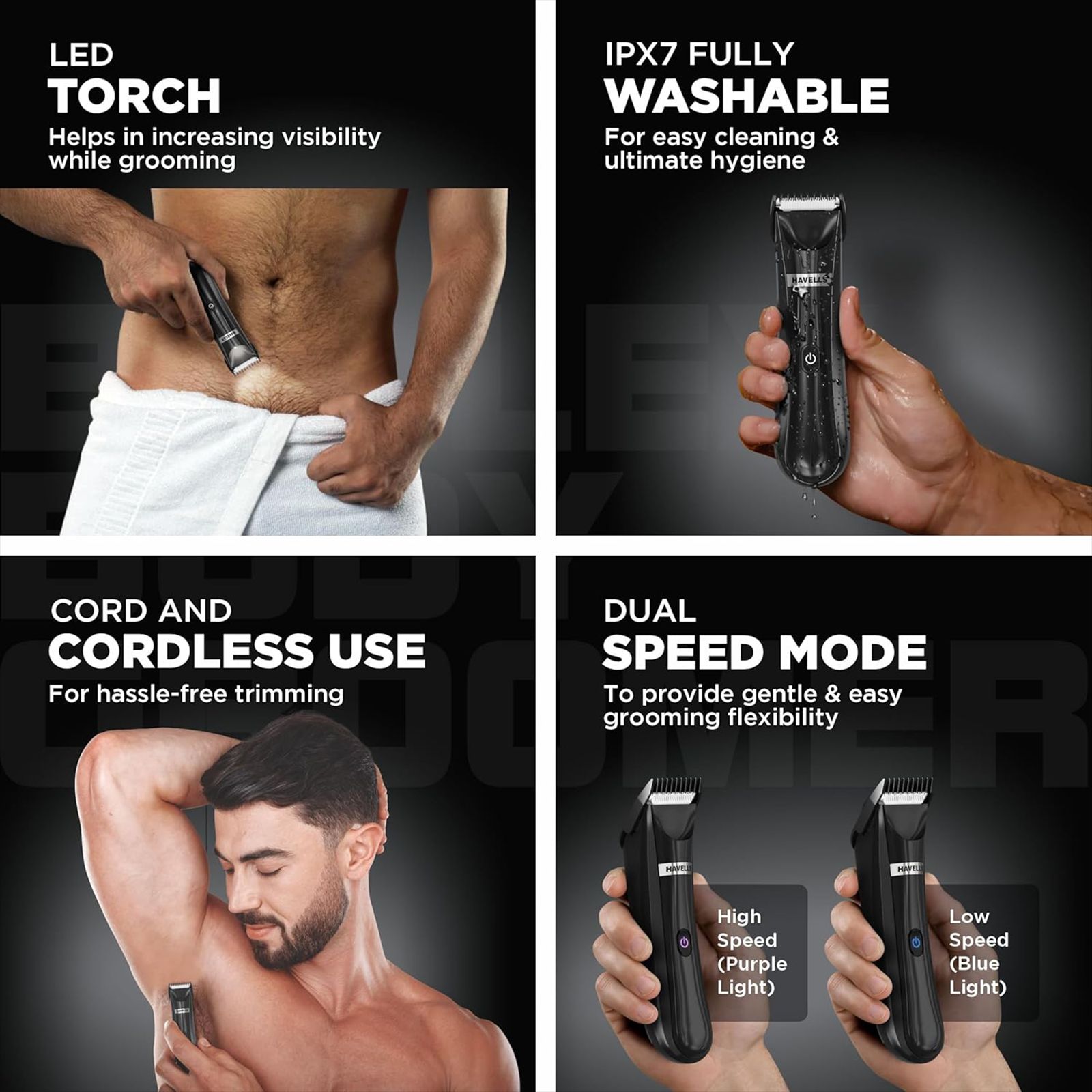 HAVELLS Ballex BG3300 Rechargeable Corded & Cordless Wet & Dry Trimmer for Beard, Body & Intimate Areas with 6 Length Settings for Men (60mins Runtime, Fast Charge, Black)_9