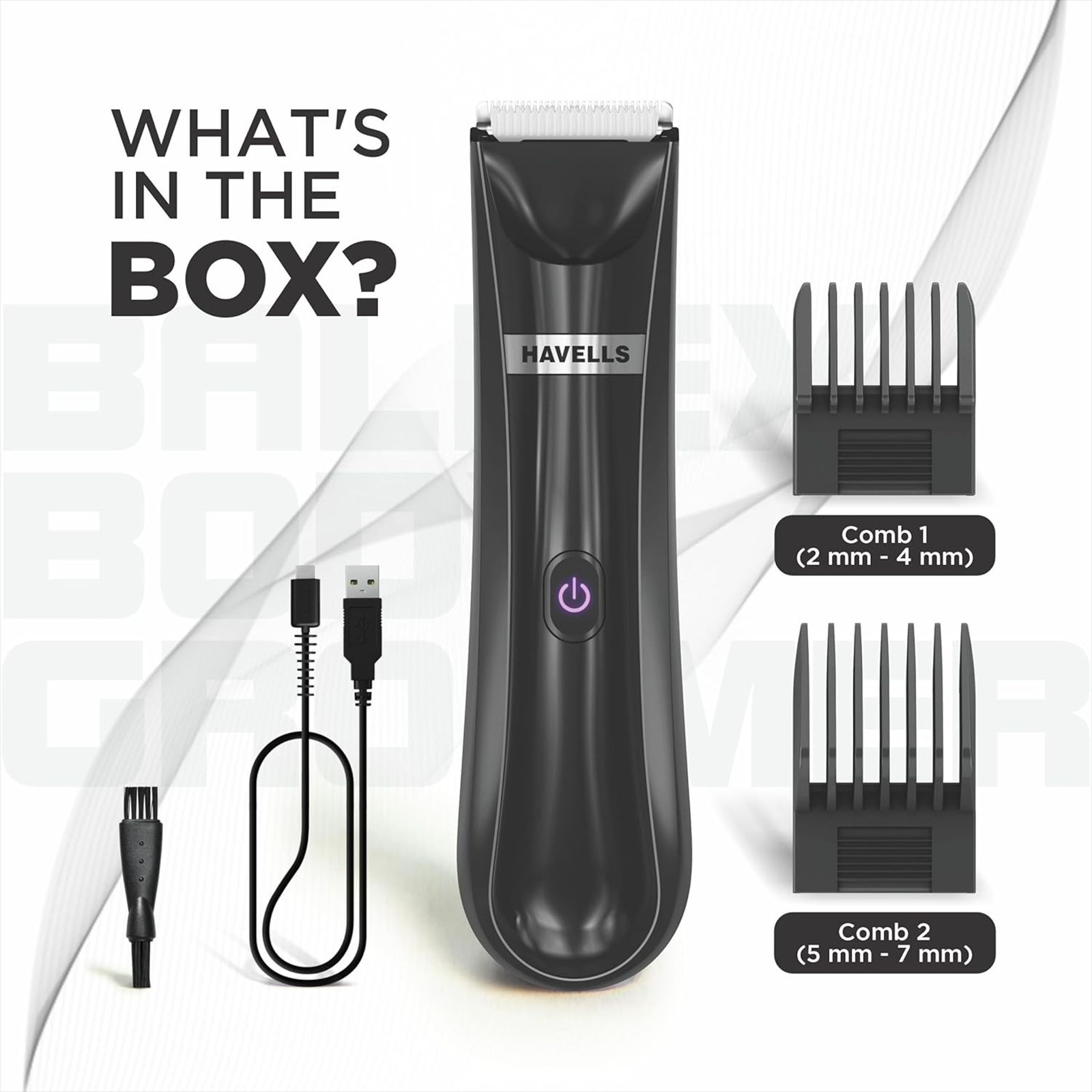 HAVELLS Ballex BG3300 Rechargeable Corded & Cordless Wet & Dry Trimmer for Beard, Body & Intimate Areas with 6 Length Settings for Men (60mins Runtime, Fast Charge, Black)_4