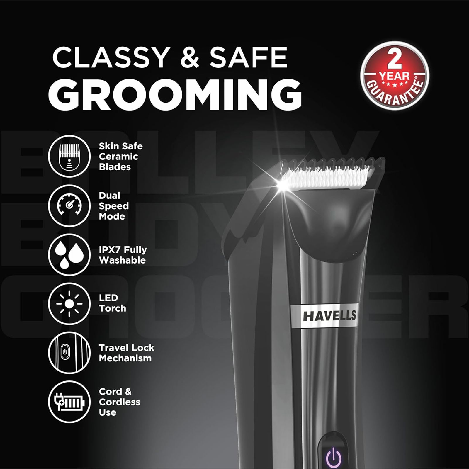 HAVELLS Ballex BG3300 Rechargeable Corded & Cordless Wet & Dry Trimmer for Beard, Body & Intimate Areas with 6 Length Settings for Men (60mins Runtime, Fast Charge, Black)_5