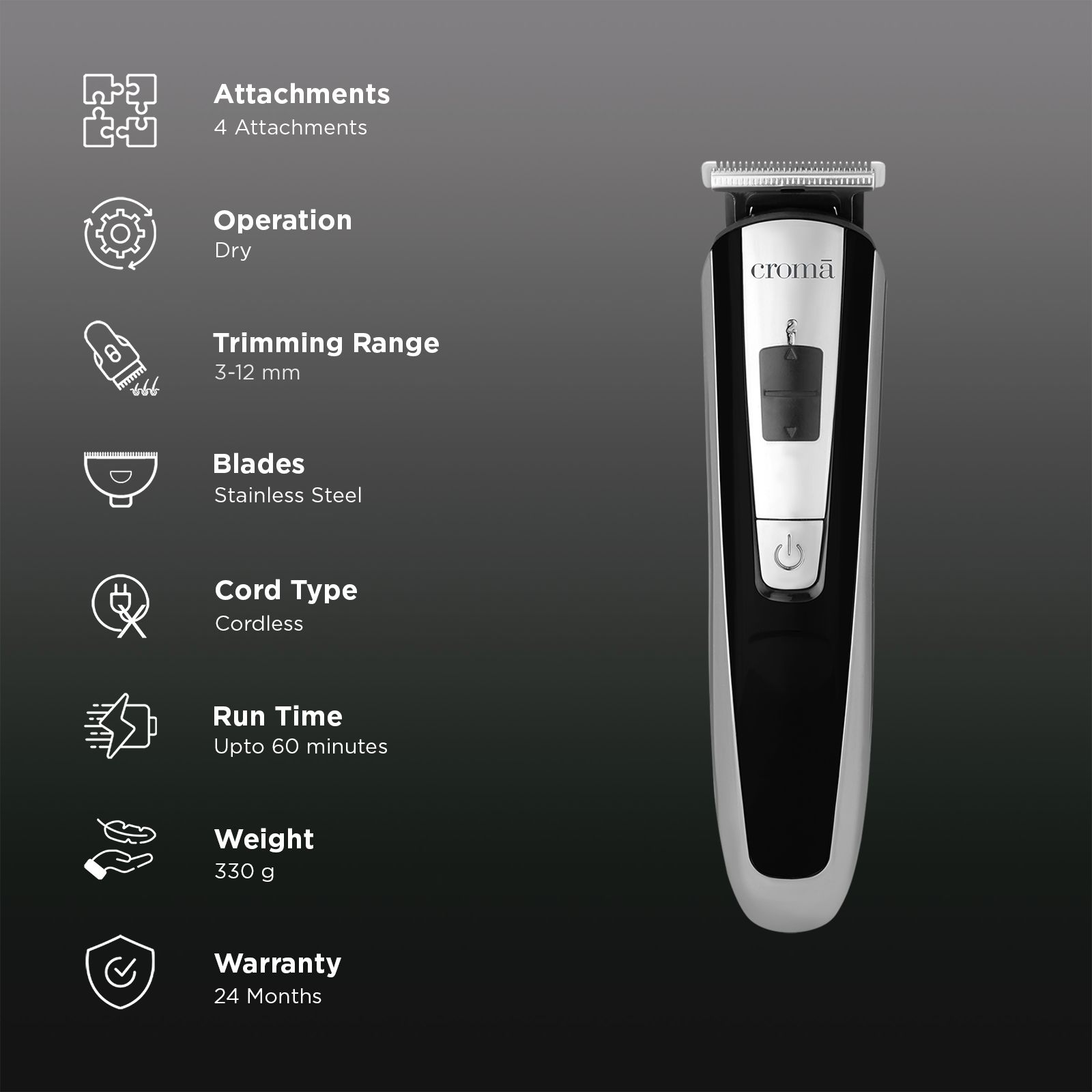Croma Rechargeable Cordless Dry Trimmer for Beard, Body & Hair for Men (60 Mins Runtime, Self-Sharpening Blades, Black) Croma Rechargeable Cordless Dry Trimmer for Beard, Body & Hair for Men (60 Mins Runtime, Self-Sharpening Blades, Black)_2