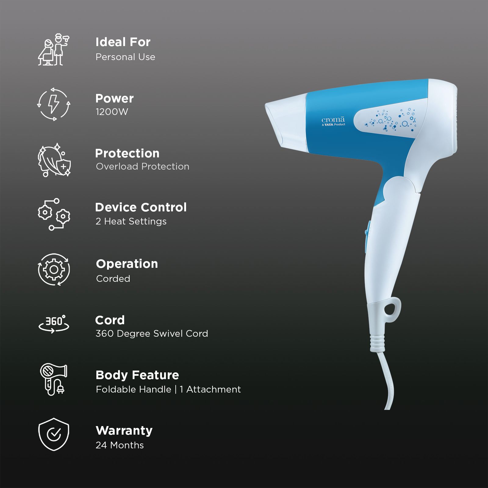 Croma 1200 W Hair Dryer with 2 Heat Settings & Cool Blow (Overload Protection, Blue & White) Croma 1200 W Hair Dryer with 2 Heat Settings & Cool Blow (Overload Protection, Blue & White)_3