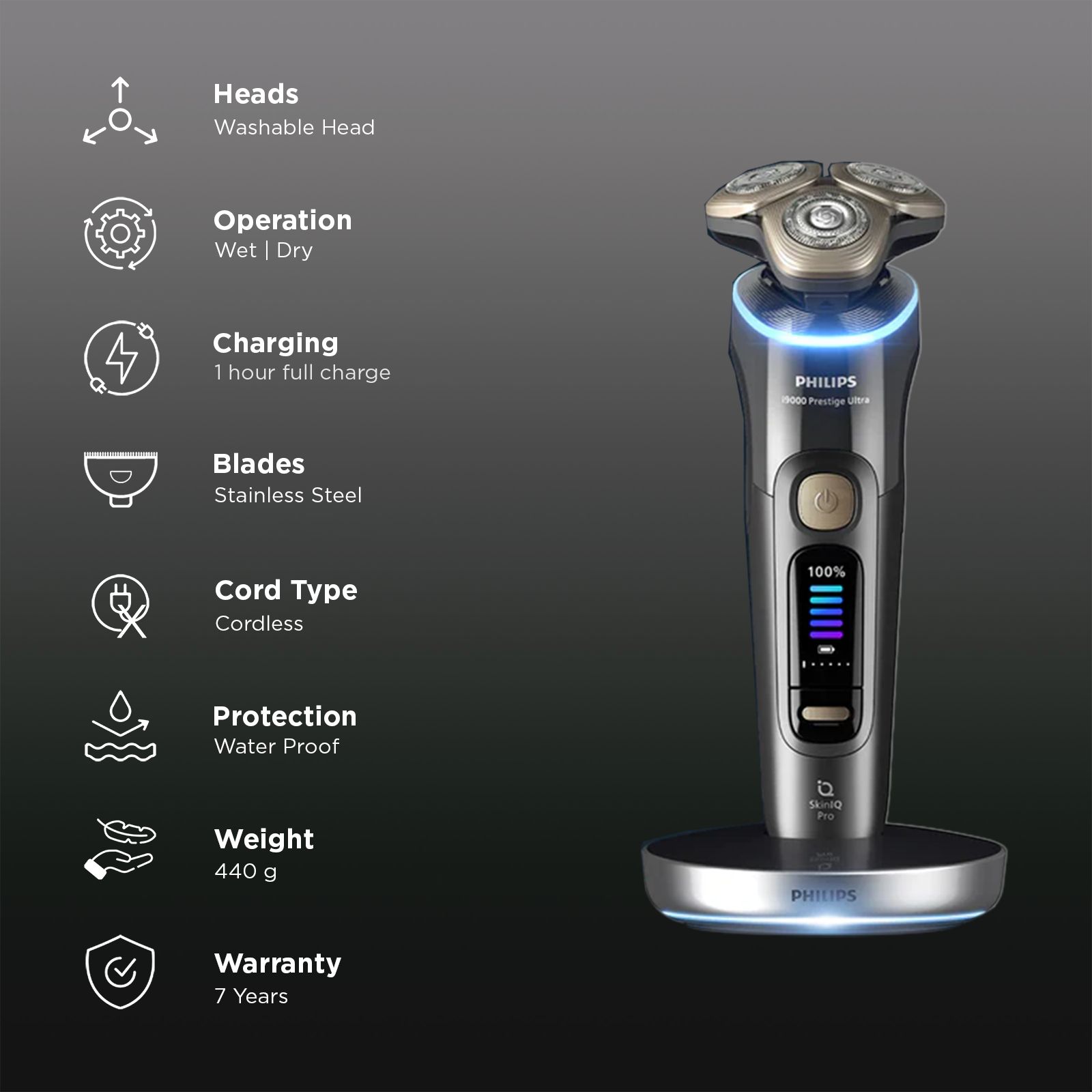 Philips i9000 Prestige Ultra Rechargeable Cordless Electric Shaver for Face & Neck for Men (60mins Runtime, Skin IQ Pro Technology, Dark Slate) Philips i9000 Prestige Ultra Rechargeable Cordless Electric Shaver for Face & Neck for Men (60mins Runtime, Skin IQ Pro Technology, Dark Slate)_2