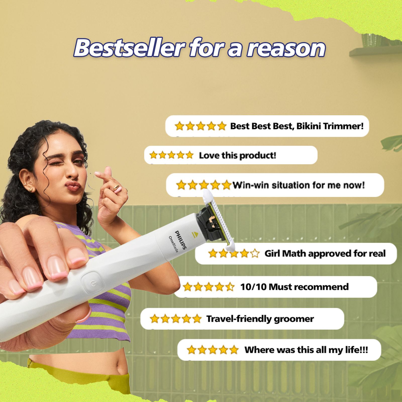 Philips OneBlade Rechargeable Cordless Wet Trimmer for Intimate Areas with 1 Length Settings for Women (Dual Protection, Lime Green & White) Philips OneBlade Rechargeable Cordless Wet Trimmer for Intimate Areas with 1 Length Settings for Women (Dual Protection, Lime Green & White)_11