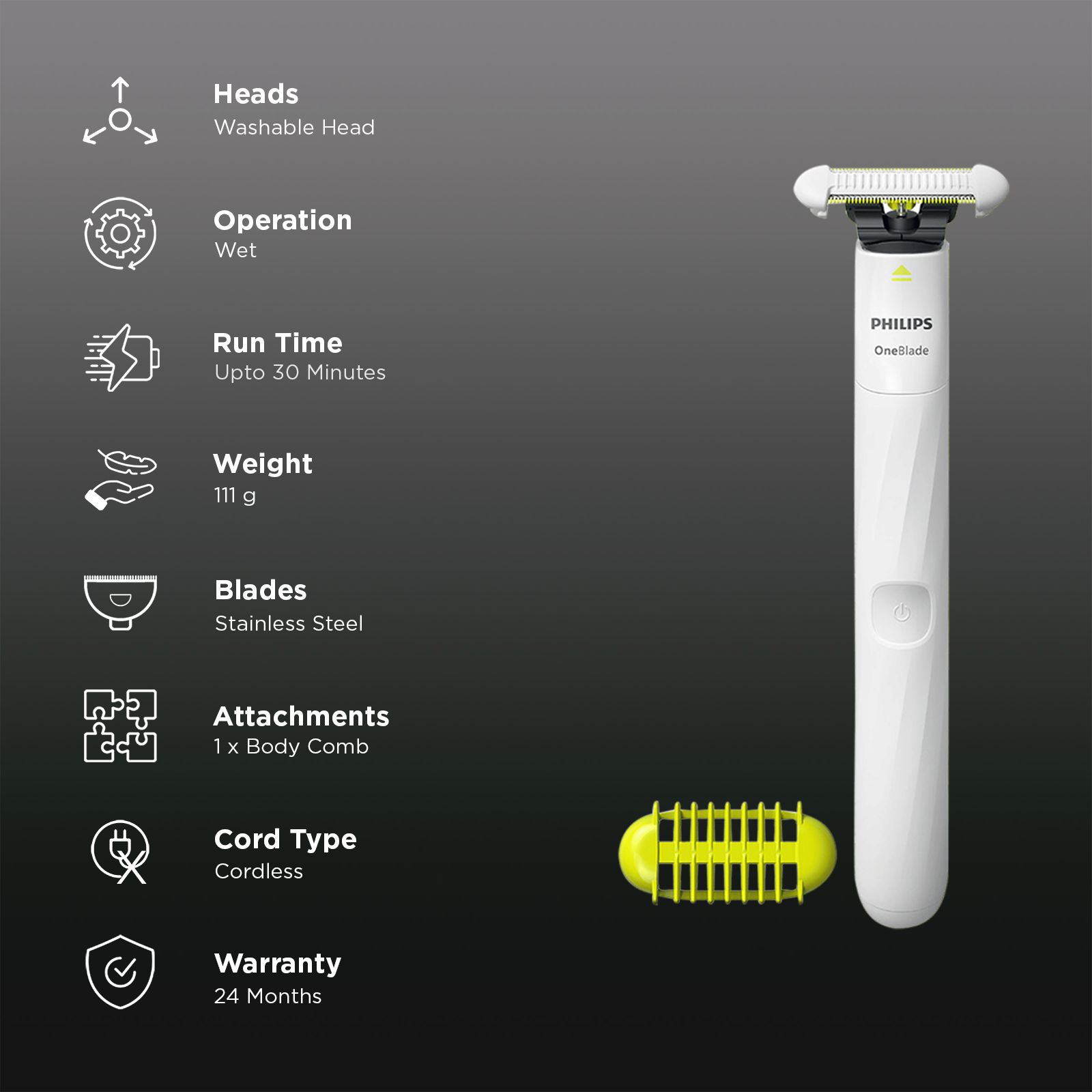 Philips OneBlade Rechargeable Cordless Wet Trimmer for Intimate Areas with 1 Length Settings for Women (Dual Protection, Lime Green & White) Philips OneBlade Rechargeable Cordless Wet Trimmer for Intimate Areas with 1 Length Settings for Women (Dual Protection, Lime Green & White)_2