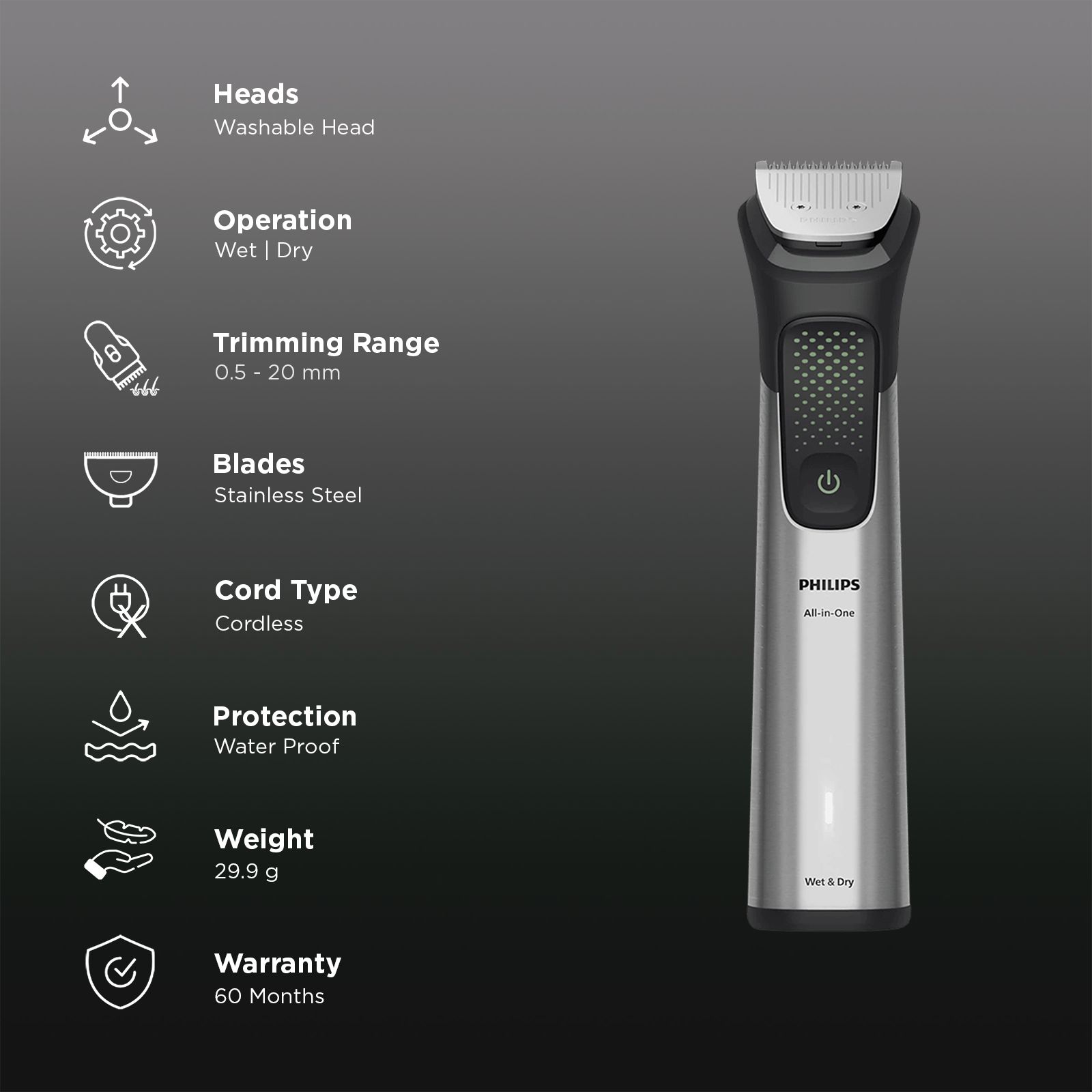 Philips 9000 Series 16-in-1 Rechargeable Cordless Multipurpose Trimmer for Head, Body, Face & Intimate Areas for Men (120min Runtime, BeardSense Technology, Silver) Philips 9000 Series 16-in-1 Rechargeable Cordless Multipurpose Trimmer for Head, Body, Face & Intimate Areas for Men (120min Runtime, BeardSense Technology, Silver)_2