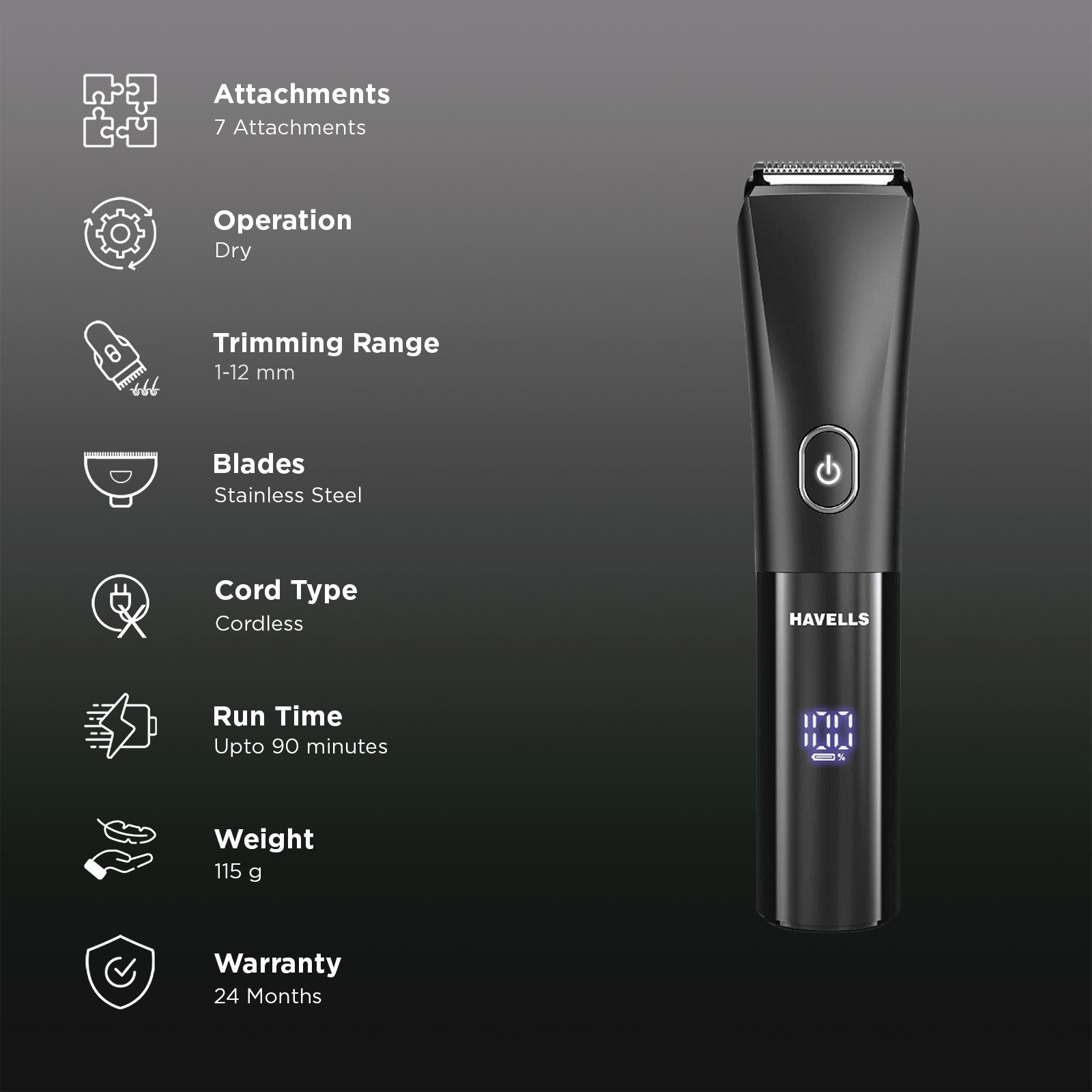 Havells BT6661 Rechargeable Cordless Dry Trimmer for Beard & Hair with 12 Length Settings for Men (90mins Runtime, Real Time Digital Battery Indicator, Black) Havells BT6661 Rechargeable Cordless Dry Trimmer for Beard & Hair with 12 Length Settings for Men (90mins Runtime, Real Time Digital Battery Indicator, Black)_2