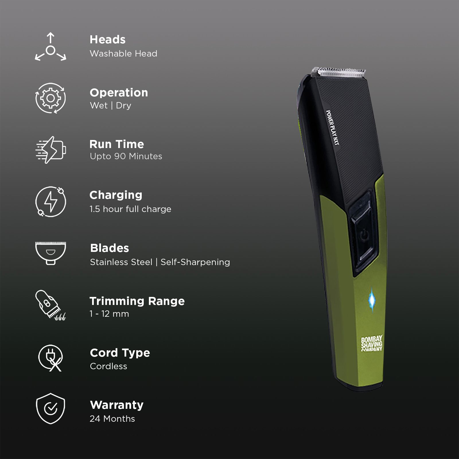 Bombay Shaving Company Power Play Nxt Rechargeable Cordless Dry Trimmer for Beard & Moustache with 6 Length Settings for Men (90mins Runtime, Self Sharpening Blades, Green) Bombay Shaving Company Power Play Nxt Rechargeable Cordless Dry Trimmer for Beard & Moustache with 6 Length Settings for Men (90mins Runtime, Self Sharpening Blades, Green)_2