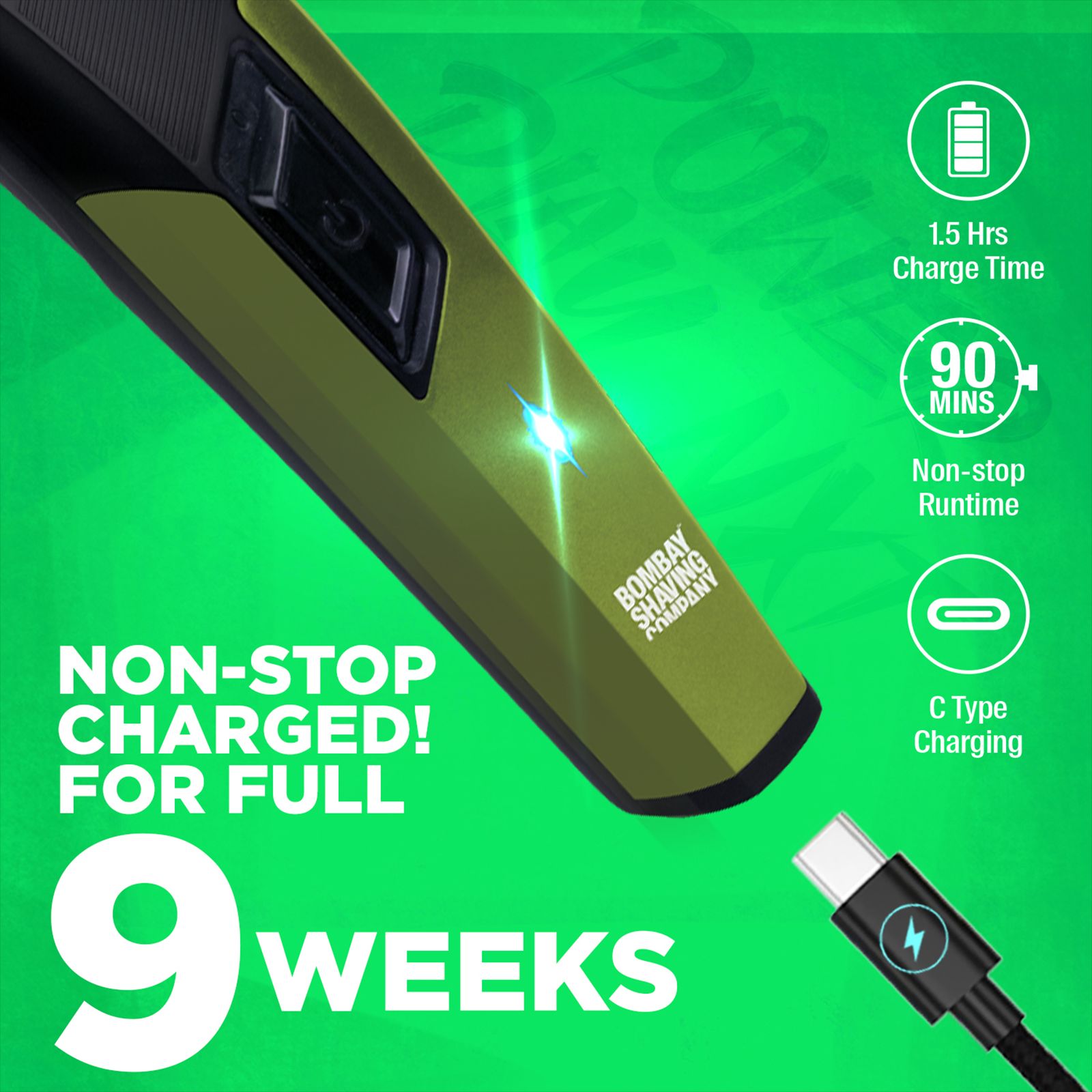 Bombay Shaving Company Power Play Nxt Rechargeable Cordless Dry Trimmer for Beard & Moustache with 6 Length Settings for Men (90mins Runtime, Self Sharpening Blades, Green) Bombay Shaving Company Power Play Nxt Rechargeable Cordless Dry Trimmer for Beard & Moustache with 6 Length Settings for Men (90mins Runtime, Self Sharpening Blades, Green)_5