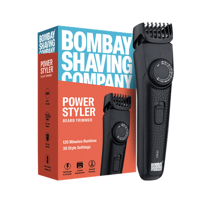 Bombay Shaving Company Power Styler Rechargeable Cordless Dry Trimmer for Beard, Moustache & Head with 38 Length Settings for Men (120mins Runtime, Flash Charging, Black)