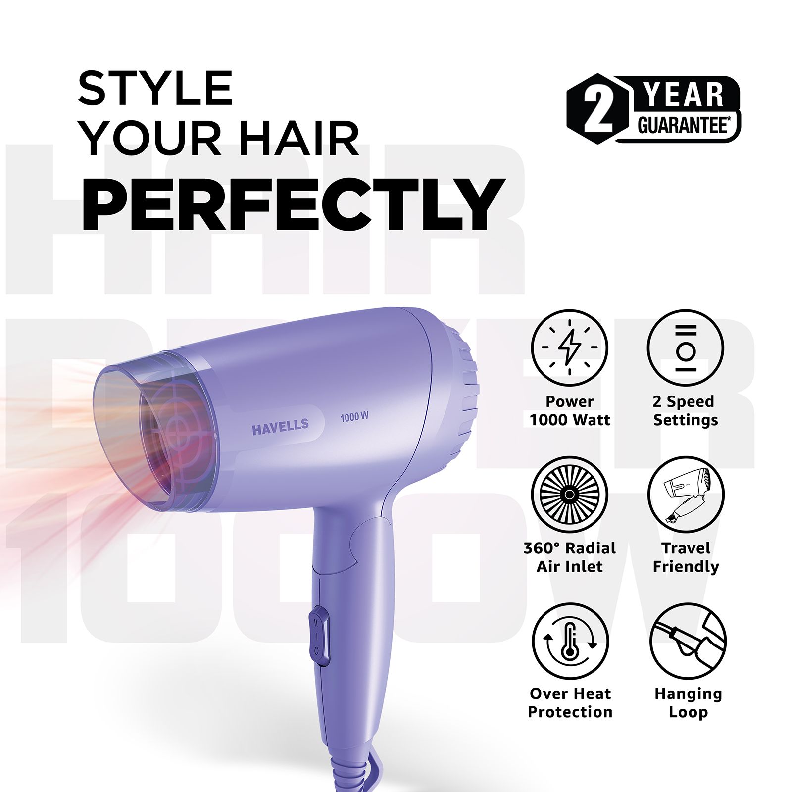 Havells HD185 Hair Dryer with 2 Heat Settings (360 Degree Radial Air Inlet, Lilac) Havells HD185 Hair Dryer with 2 Heat Settings (360 Degree Radial Air Inlet, Lilac)_2