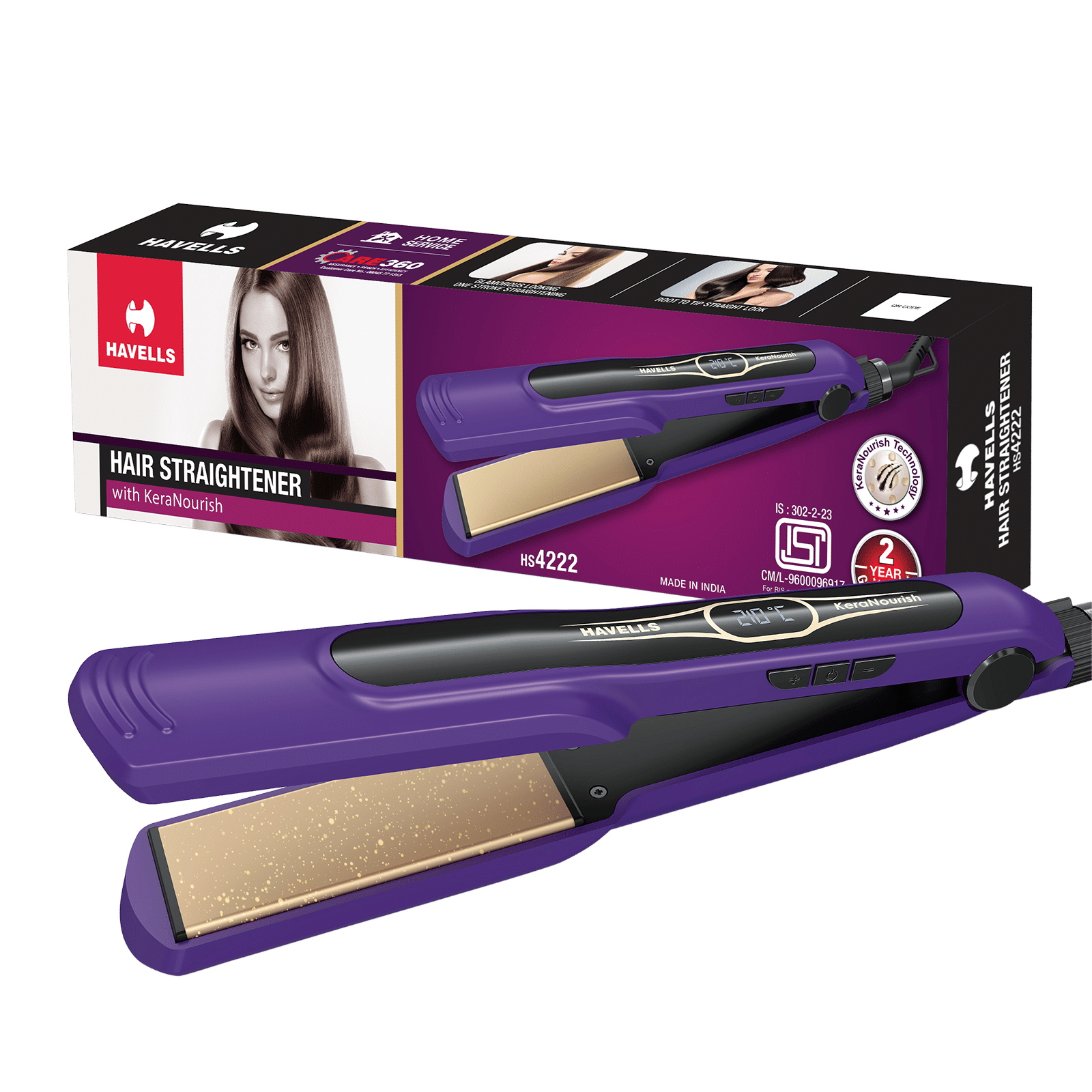 Havells HS4222 Hair Straightener with KeraNourish Technology (Wide Keratin Infused Ceramic Plates, Violet) Havells HS4222 Hair Straightener with KeraNourish Technology (Wide Keratin Infused Ceramic Plates, Violet)_1