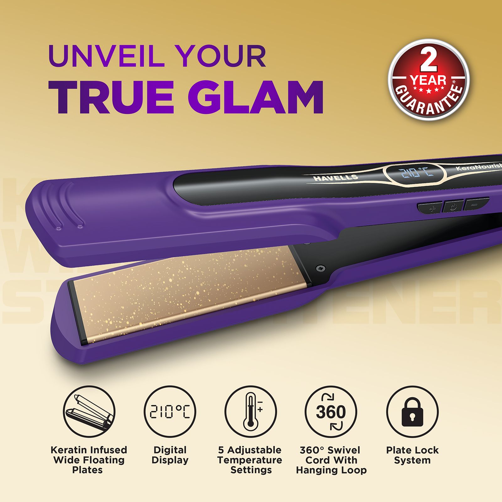 Havells HS4222 Hair Straightener with KeraNourish Technology (Wide Keratin Infused Ceramic Plates, Violet) Havells HS4222 Hair Straightener with KeraNourish Technology (Wide Keratin Infused Ceramic Plates, Violet)_4