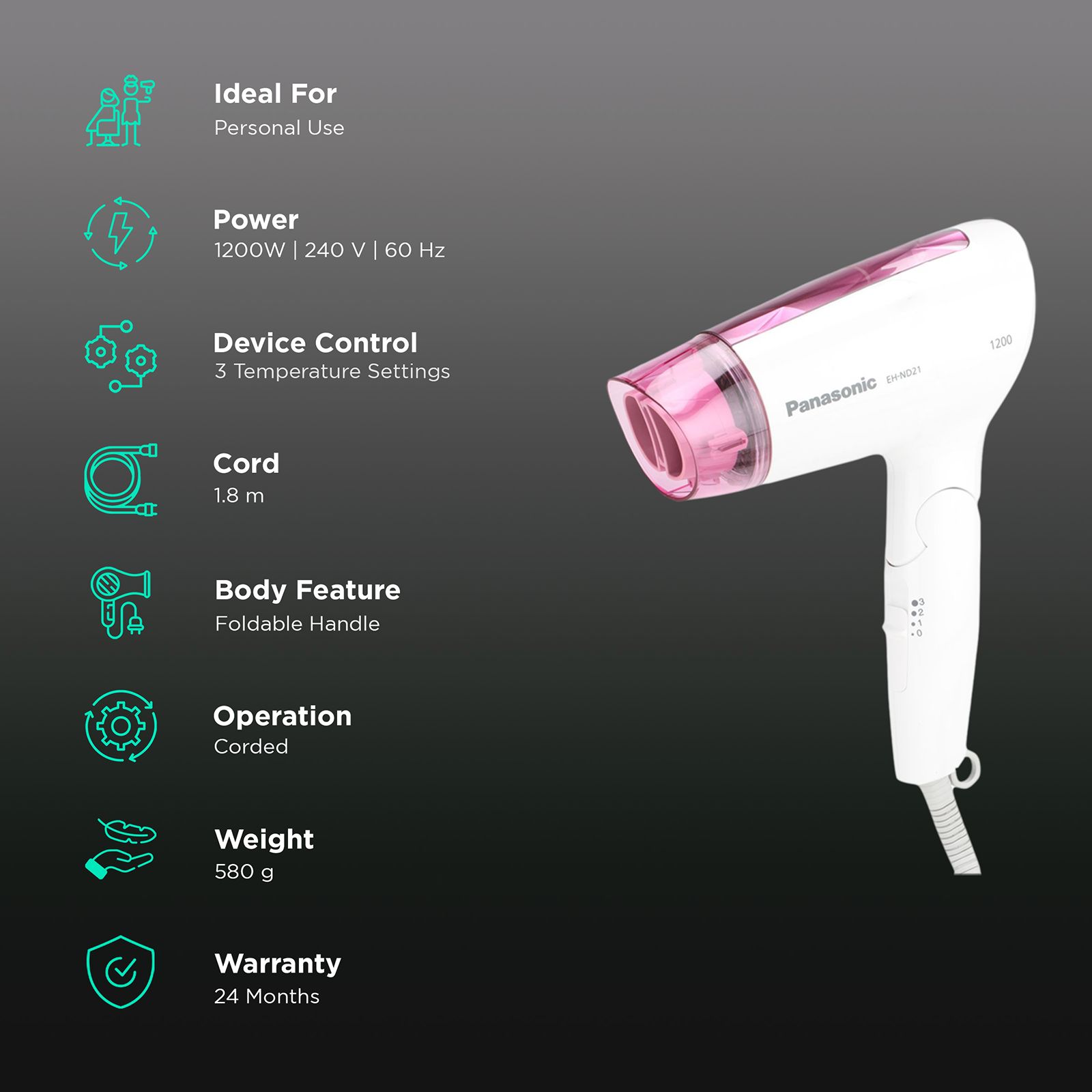 Panasonic Hair Dryer with 3 Heat Settings and Cool Shot (Foldable Handle, Pink) Panasonic Hair Dryer with 3 Heat Settings and Cool Shot (Foldable Handle, Pink)_2