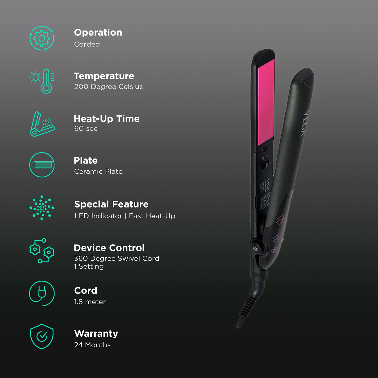 VEGA Adore Hair Straightener with Easy Lock System (Ceramic Plates, Black & Pink) VEGA Adore Hair Straightener with Easy Lock System (Ceramic Plates, Black & Pink)_3