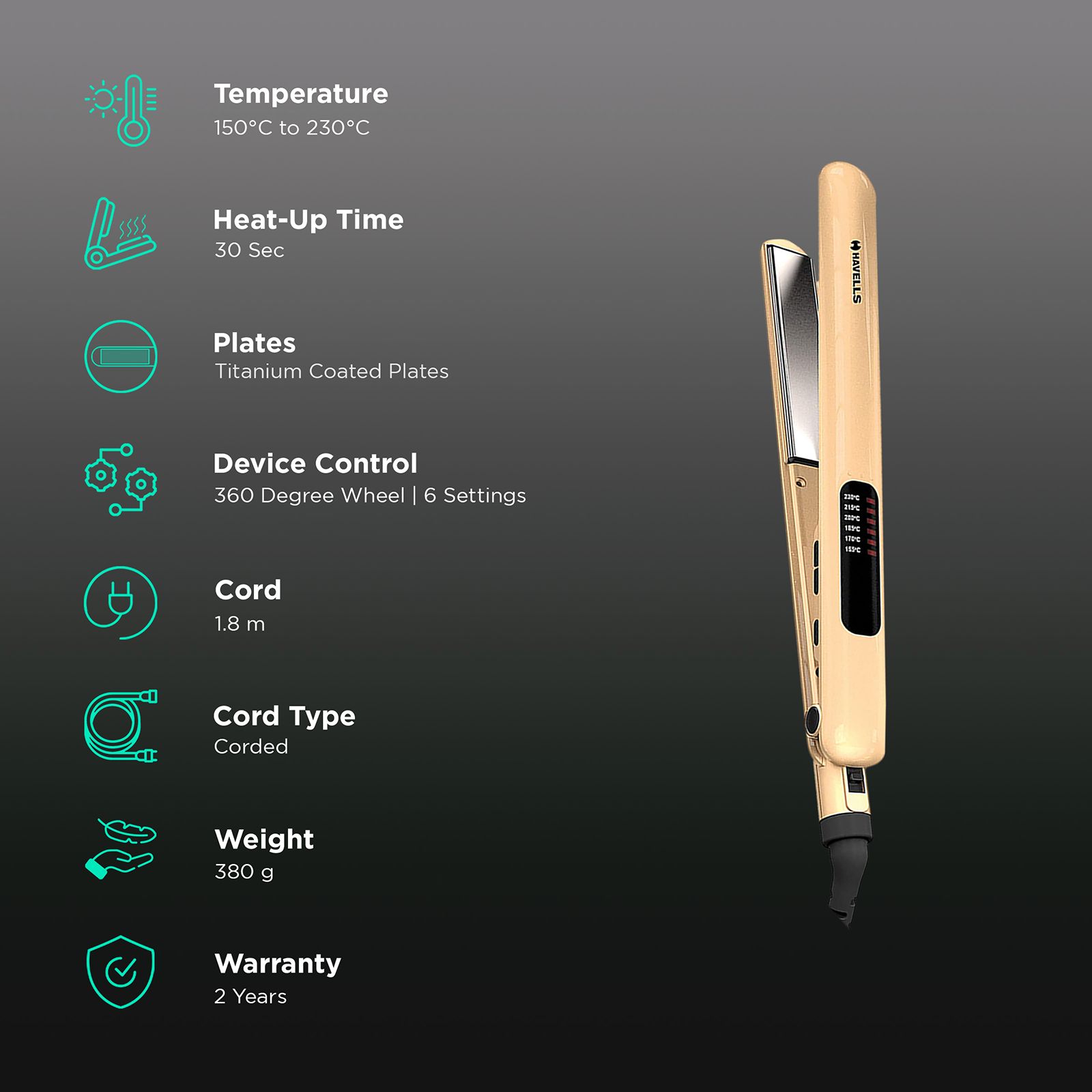 HAVELLS Hair Straightener with 6 Temperature Settings (Titanium Coated Plates, Gold) HAVELLS Hair Straightener with 6 Temperature Settings (Titanium Coated Plates, Gold)_3
