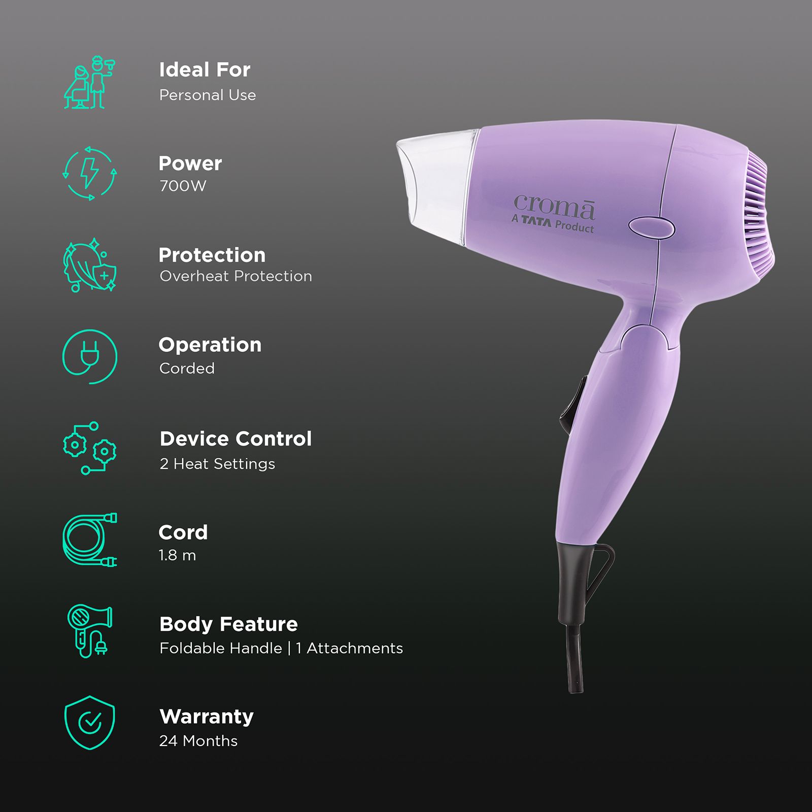Croma Hair Dryer with 2 Heat Settings (Overheat Protection, Purple) Croma Hair Dryer with 2 Heat Settings (Overheat Protection, Purple)_2