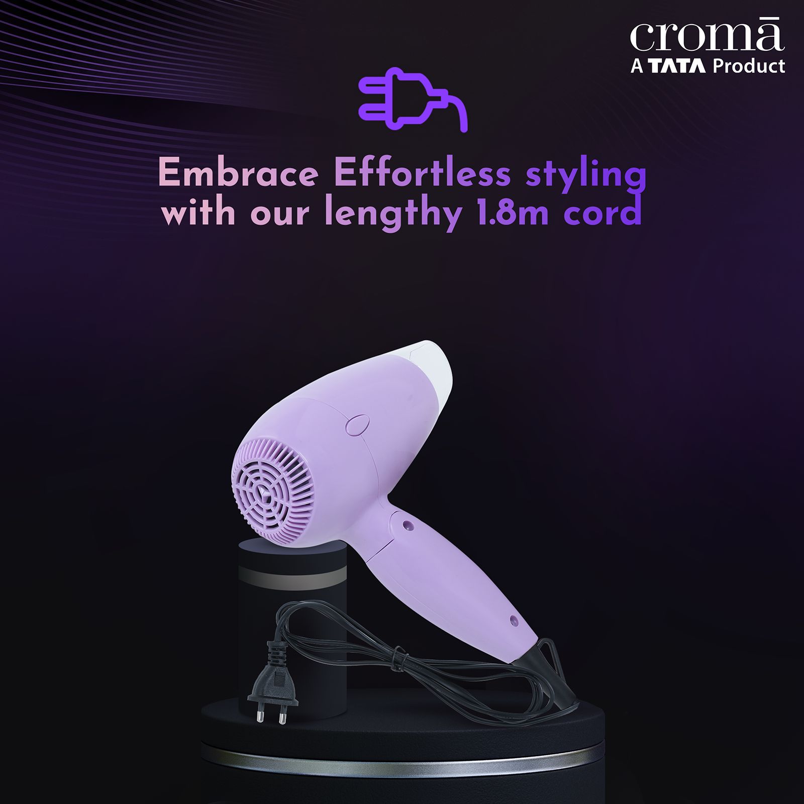 Croma Hair Dryer with 2 Heat Settings (Overheat Protection, Purple) Croma Hair Dryer with 2 Heat Settings (Overheat Protection, Purple)_8