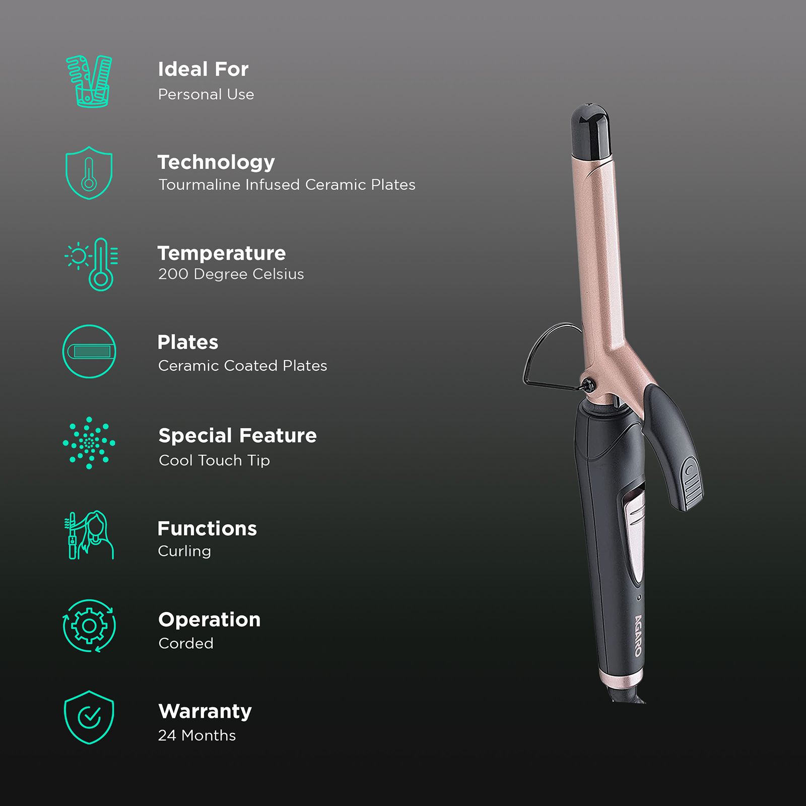 AGARO HC7001 Hair Styler with Tourmaline Infused Ceramic Plates (Cool Touch Tip, Black & Rose Gold) AGARO HC7001 Hair Styler with Tourmaline Infused Ceramic Plates (Cool Touch Tip, Black & Rose Gold)_3