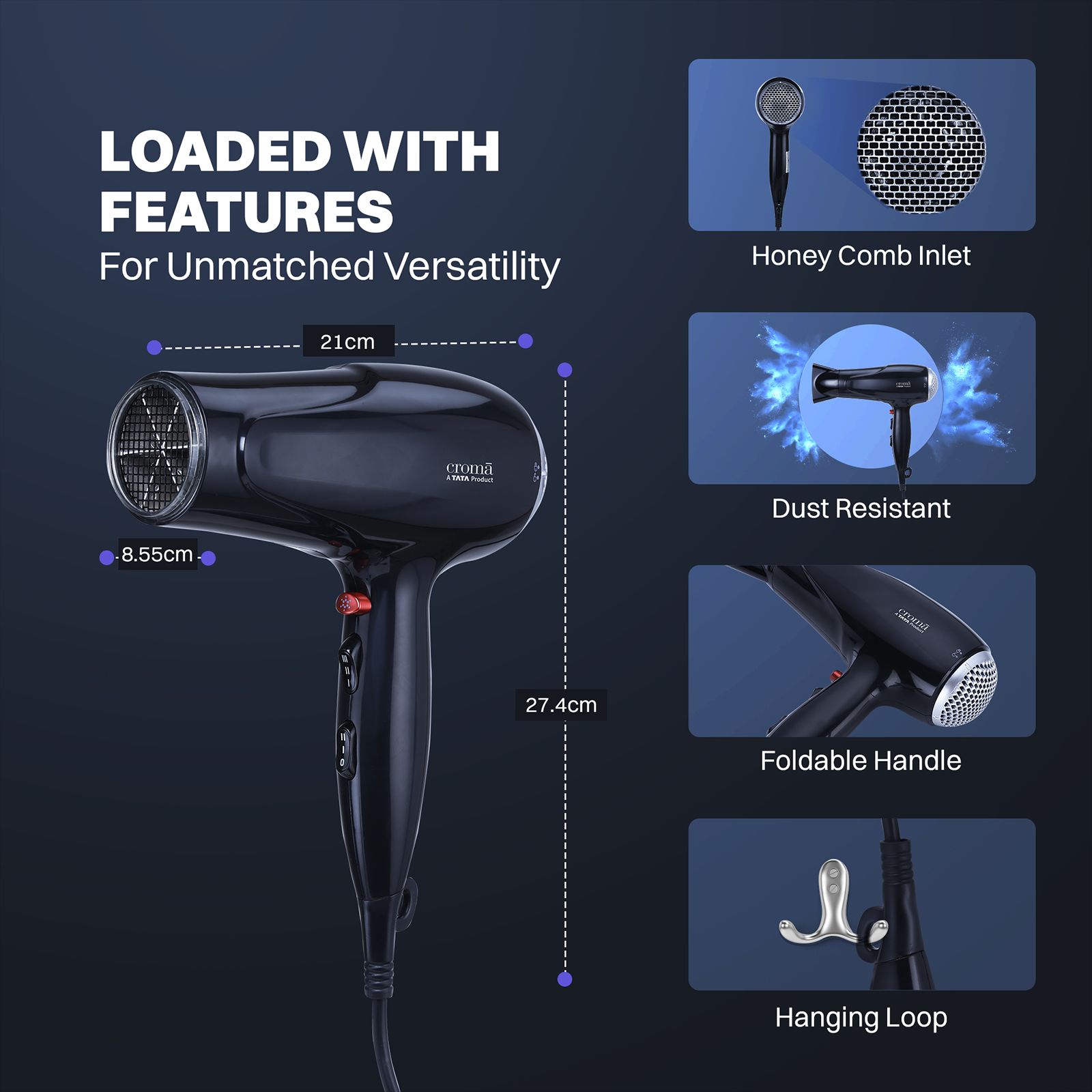 Croma 2200 W Hair Dryer with 3 Heat Setting and Cool Shot Function (Overload function, Black) Croma 2200 W Hair Dryer with 3 Heat Setting and Cool Shot Function (Overload function, Black)_14