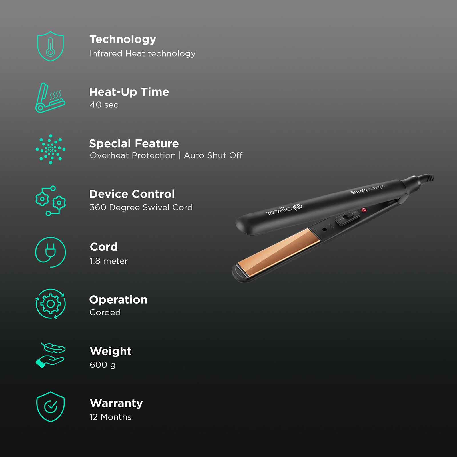 Ikonic Simply Straight Hair Straightener with Infrared Heat Technology (Super Slim Plates, Black) Ikonic Simply Straight Hair Straightener with Infrared Heat Technology (Super Slim Plates, Black)_3