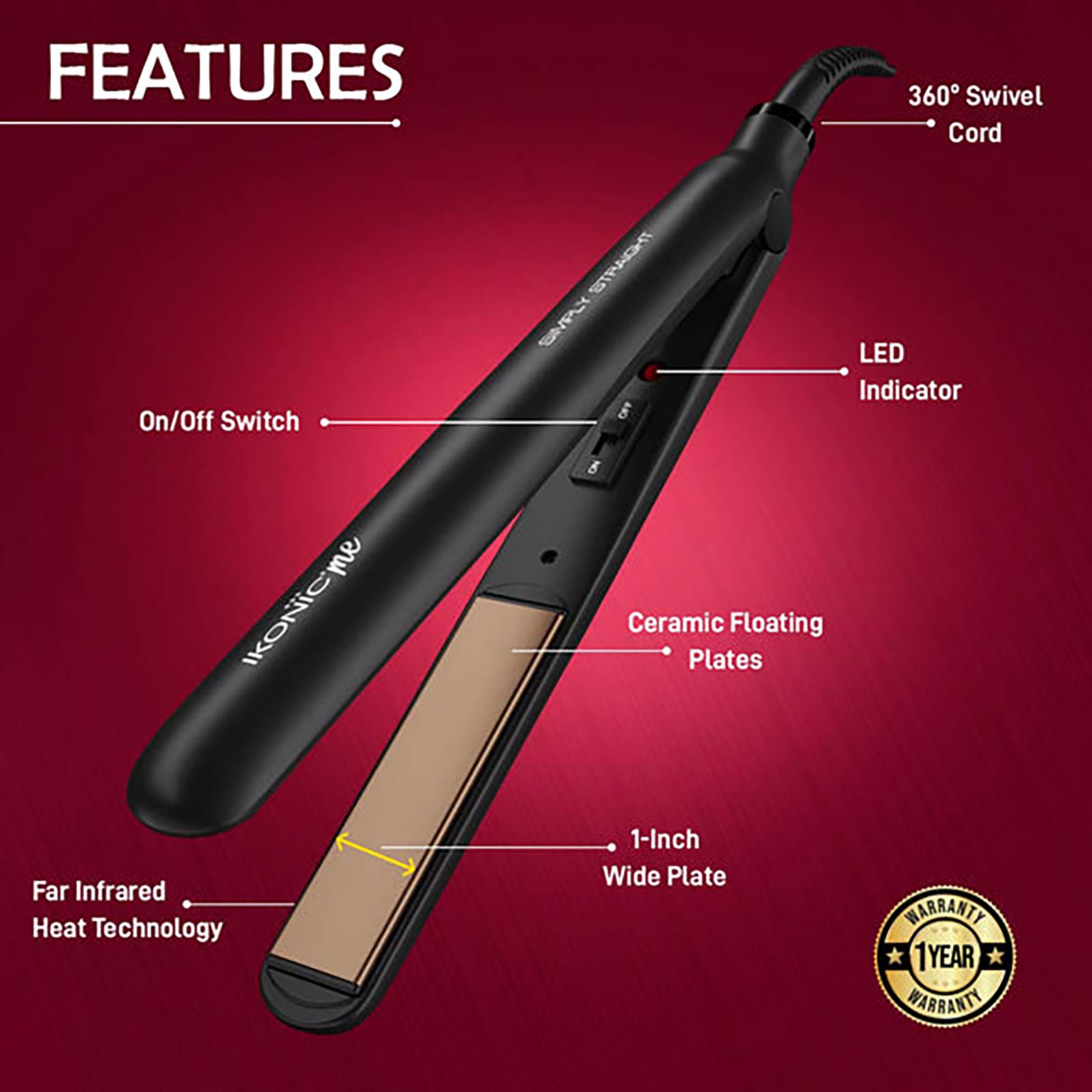 Ikonic Simply Straight Hair Straightener with Infrared Heat Technology (Super Slim Plates, Black) Ikonic Simply Straight Hair Straightener with Infrared Heat Technology (Super Slim Plates, Black)_8