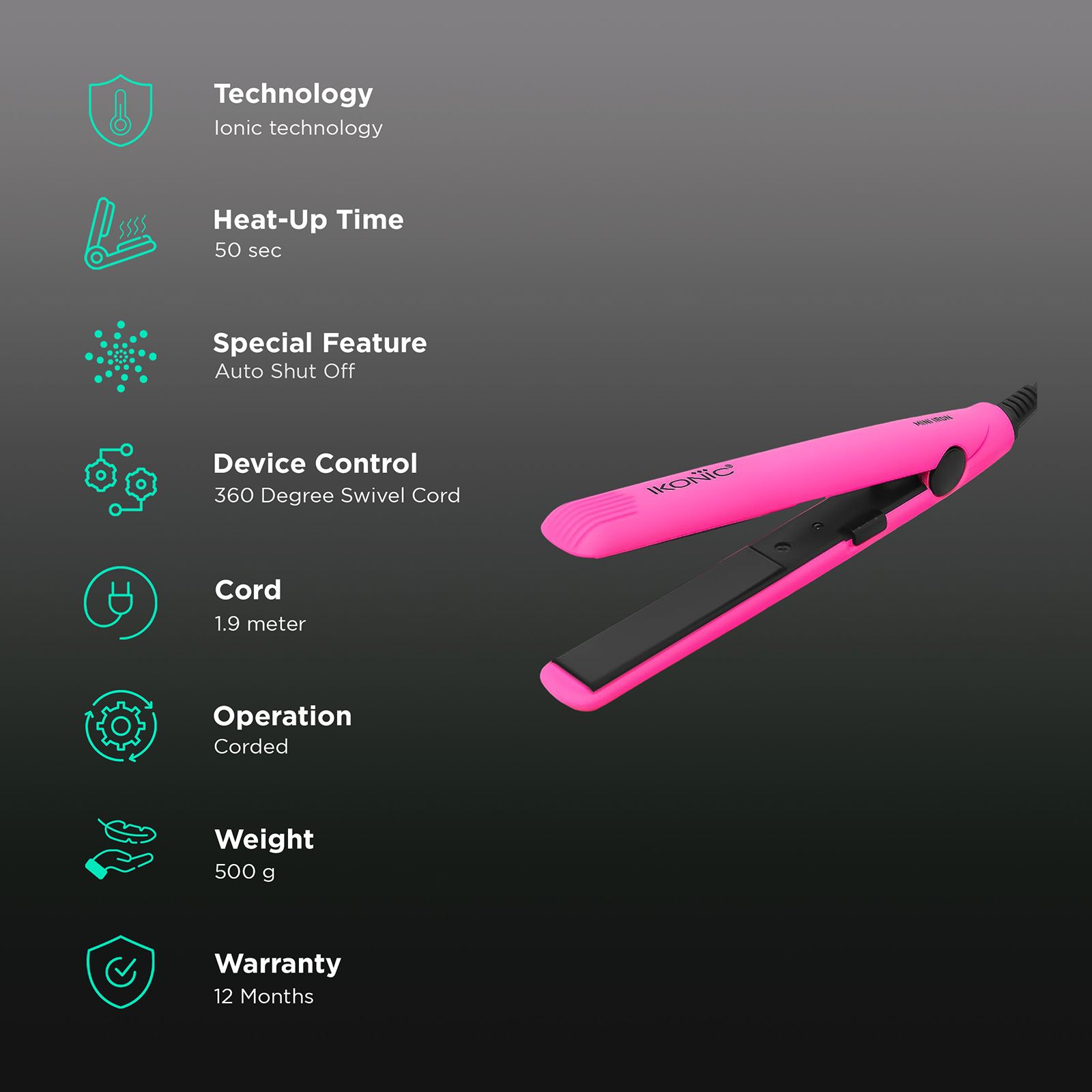 Ikonic Mini Hair Straightener with Ionic Technology (Ceramic Plates, Pink) Ikonic Mini Hair Straightener with Ionic Technology (Ceramic Plates, Pink)_3