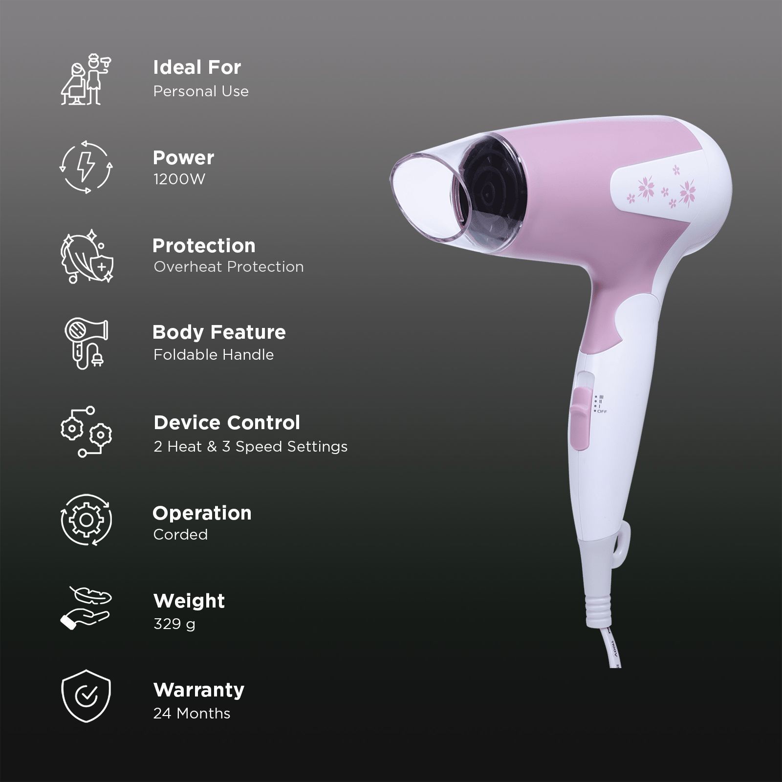 Croma 1200 W Hair Dryer with 2 Heat Settings & Cool Blow (Overload Protection, Pink & White) Croma 1200 W Hair Dryer with 2 Heat Settings & Cool Blow (Overload Protection, Pink & White)_3