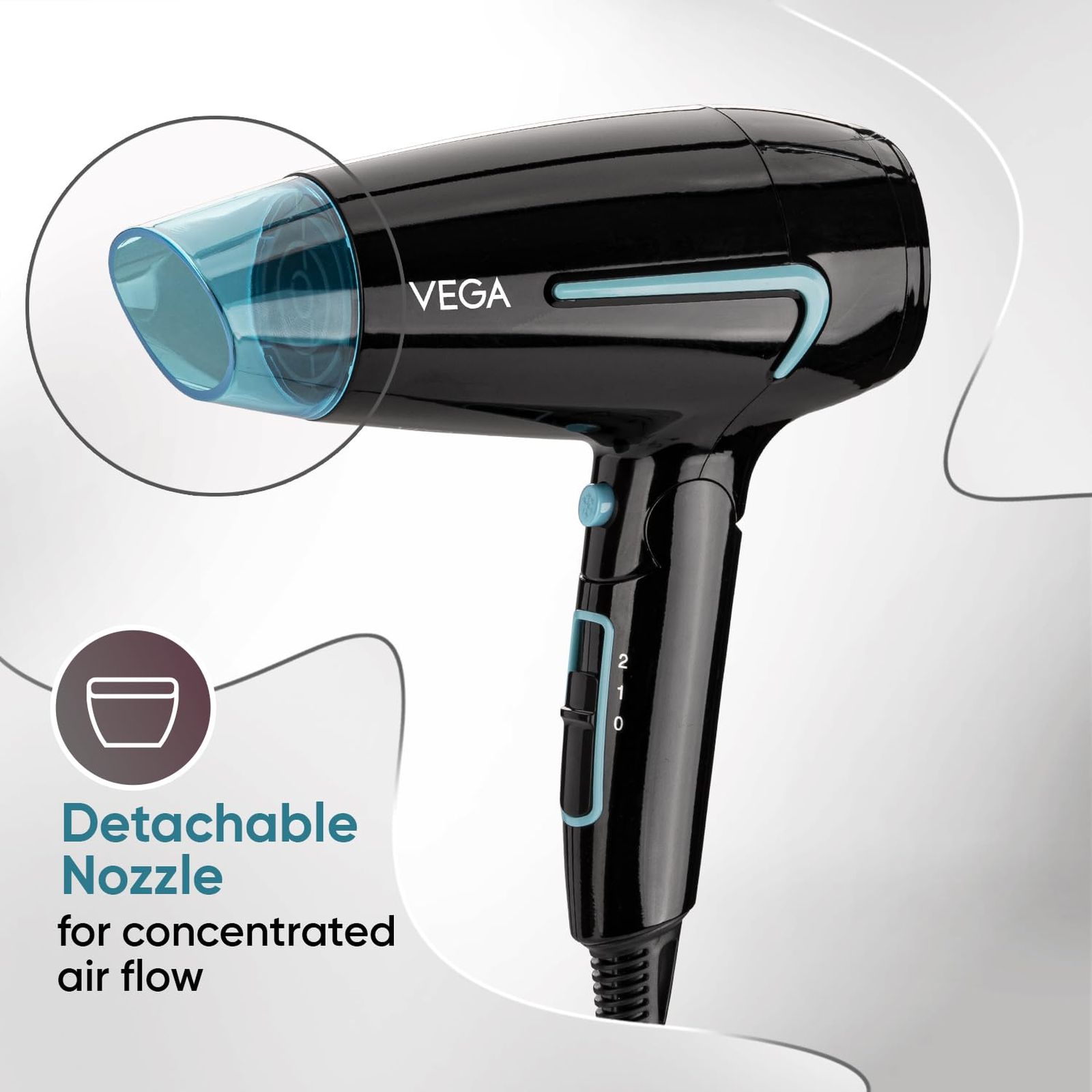 VEGA U Style Hair Dryer with 3 Heat Settings & Cool Shot (Foldable Handle, Black and Blue)_4