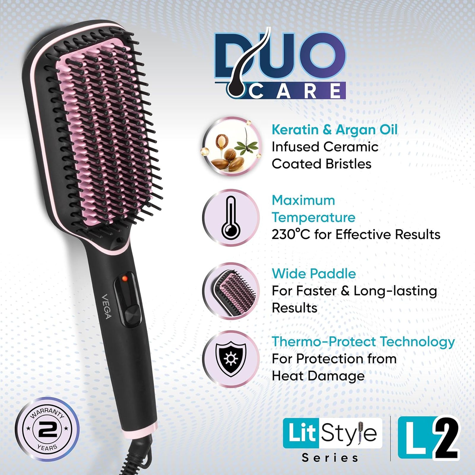 VEGA LitStyle L2 Hair Straightener Brush with Thermo Protect Technology (Ceramic Coated Bristles, Pink)_8