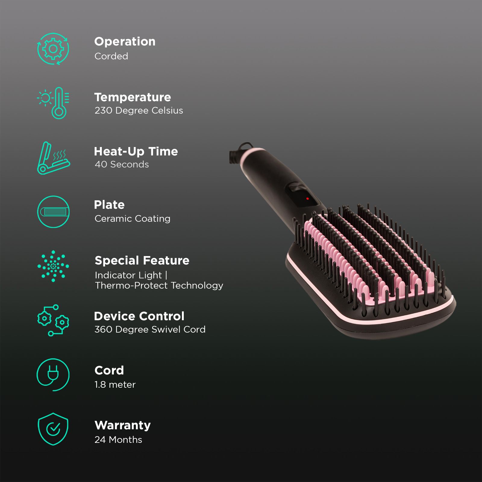 VEGA LitStyle L2 Hair Straightener Brush with Thermo Protect Technology (Ceramic Coated Bristles, Pink)_3