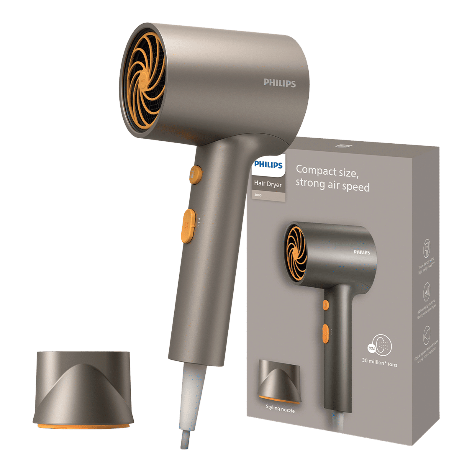 PHILIPS BHD 3000 Series Hair Dryer with 2 Heat Settings (Ionic Technology, Metalic) PHILIPS BHD 3000 Series Hair Dryer with 2 Heat Settings (Ionic Technology, Metalic)_1