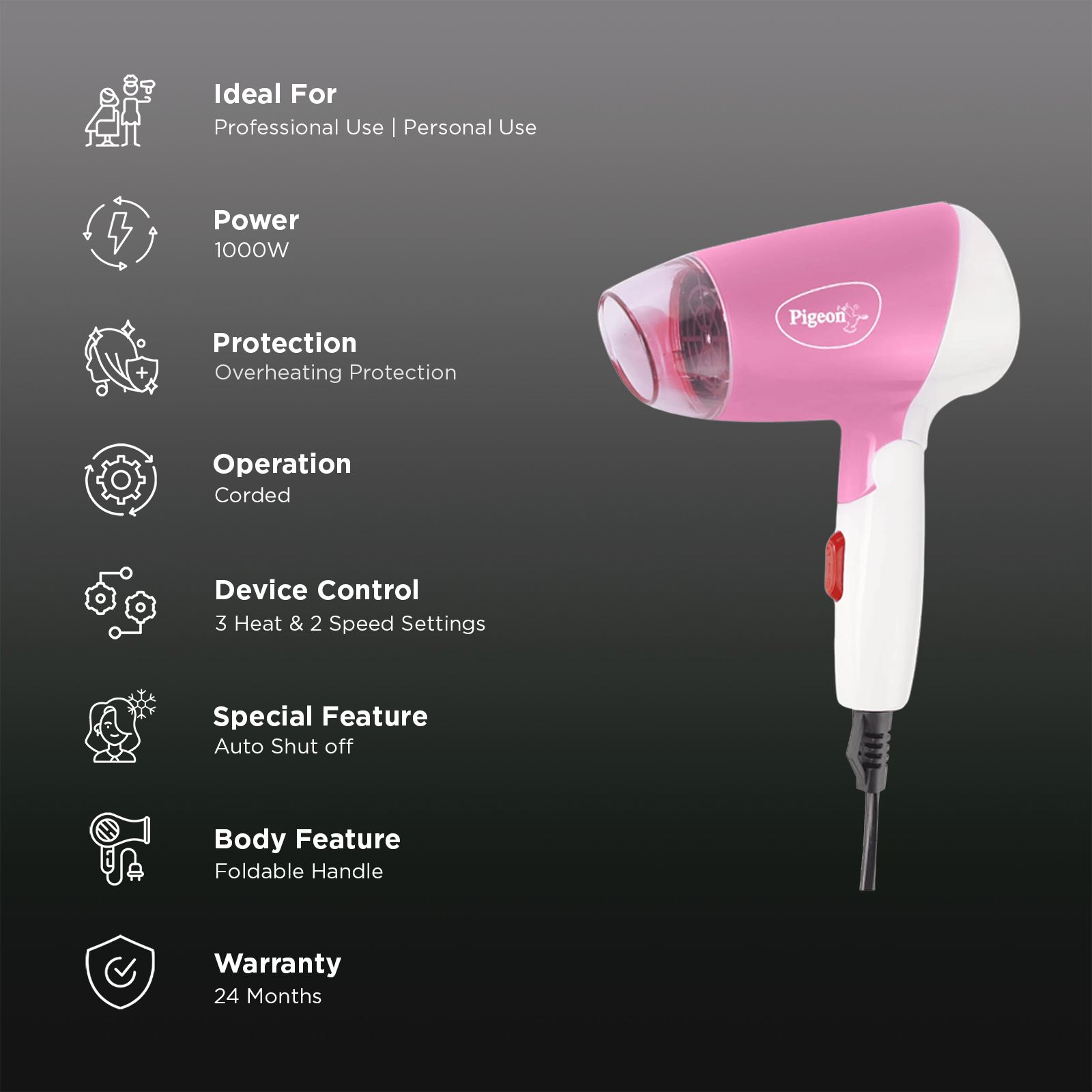 PIGEON Bloom Hair Dryer with 3 Heat Settings & Cool Shot (Auto Shut-off Function, Pink) PIGEON Bloom Hair Dryer with 3 Heat Settings & Cool Shot (Auto Shut-off Function, Pink)_3