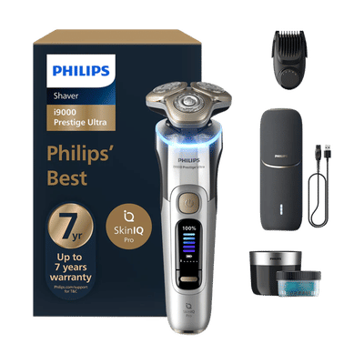 PHILIPS i9000 Prestige Ultra Rechargeable Cordless Electric Shaver for Face & Neck for Men (60min Runtime, SkinIQ Pro Technology, Silver)