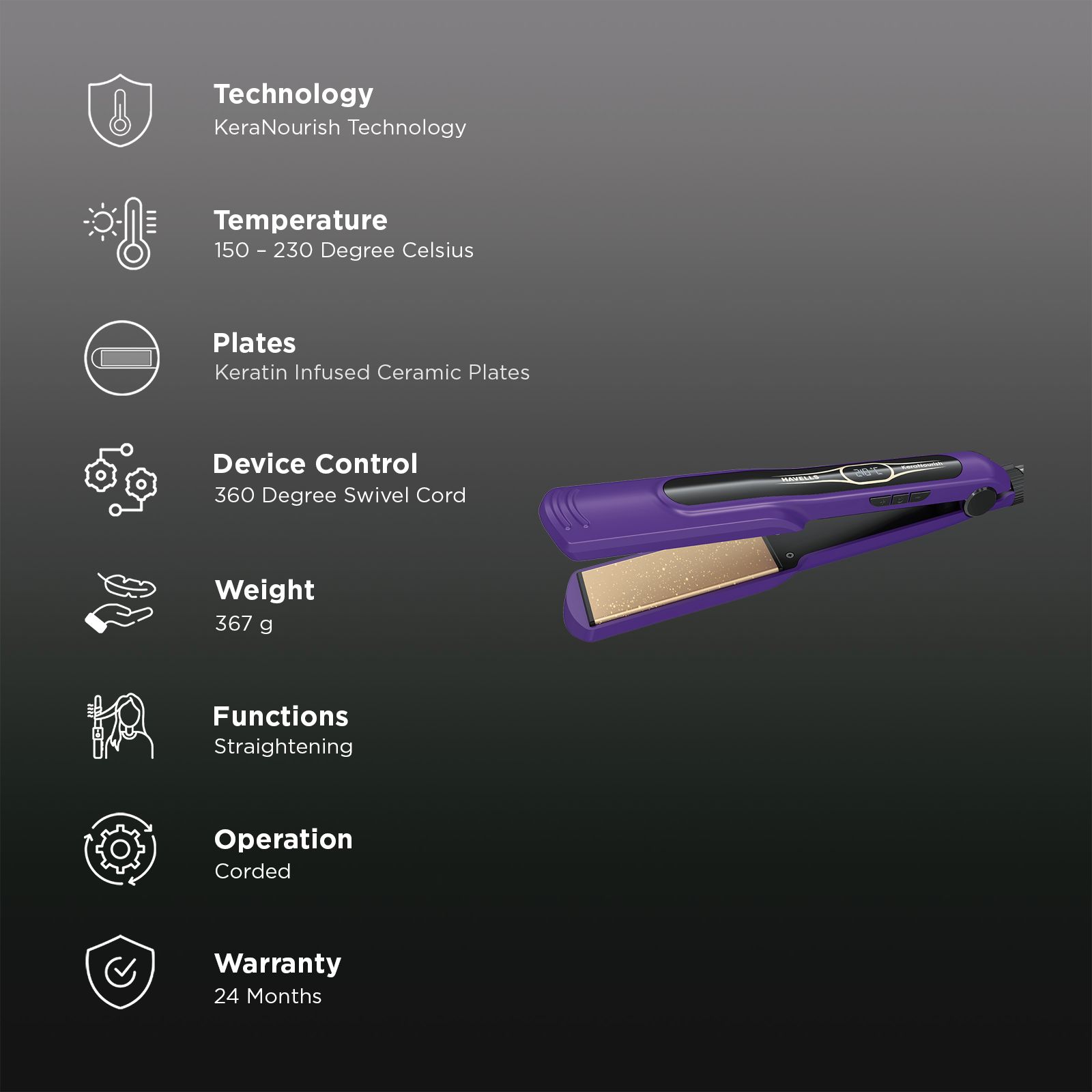 Havells HS4222 Hair Straightener with KeraNourish Technology (Wide Keratin Infused Ceramic Plates, Violet) Havells HS4222 Hair Straightener with KeraNourish Technology (Wide Keratin Infused Ceramic Plates, Violet)_3