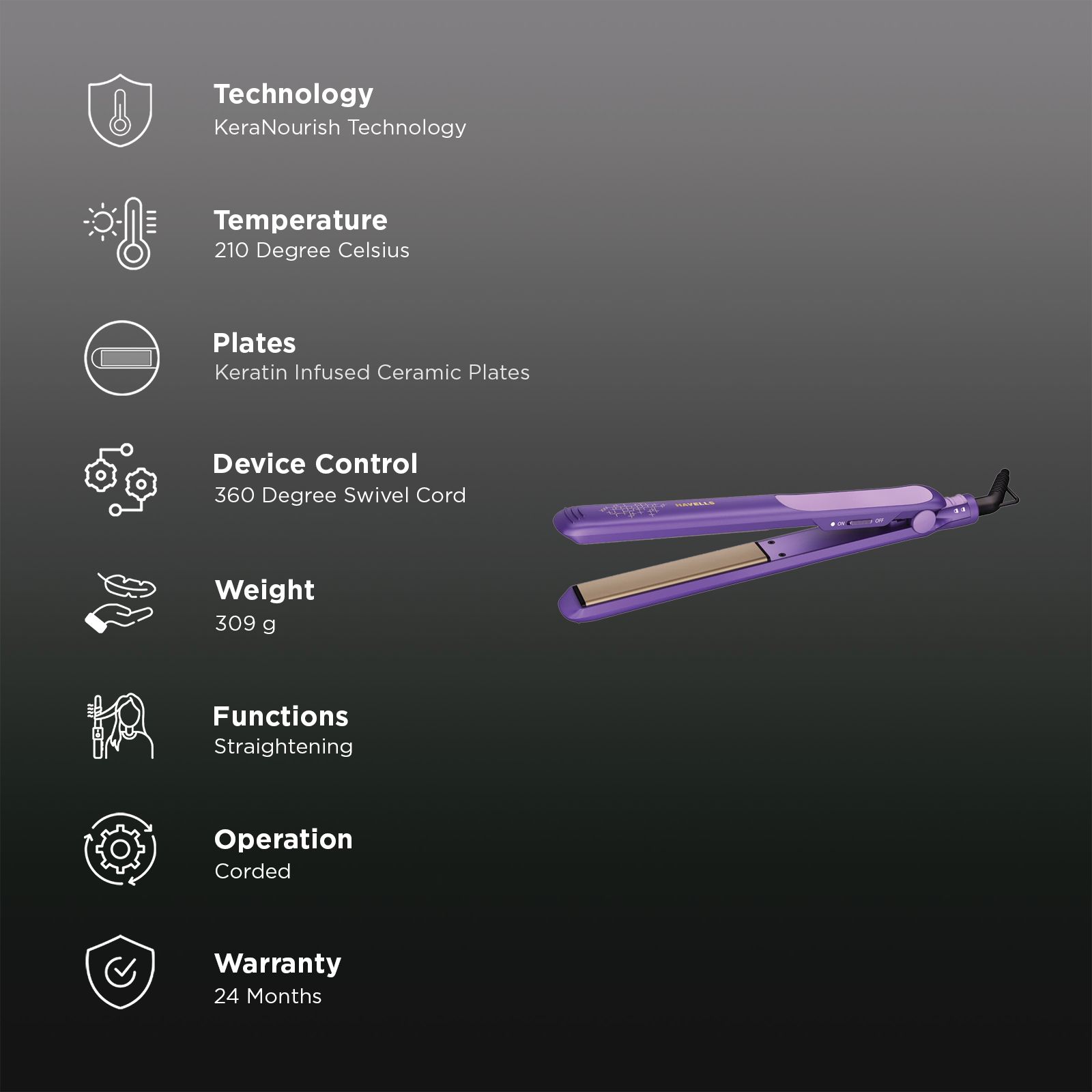 Havells HS4408 Hair Straightener with KeraNourish Technology (Keratin Infused Ceramic Plates, Purple) Havells HS4408 Hair Straightener with KeraNourish Technology (Keratin Infused Ceramic Plates, Purple)_3