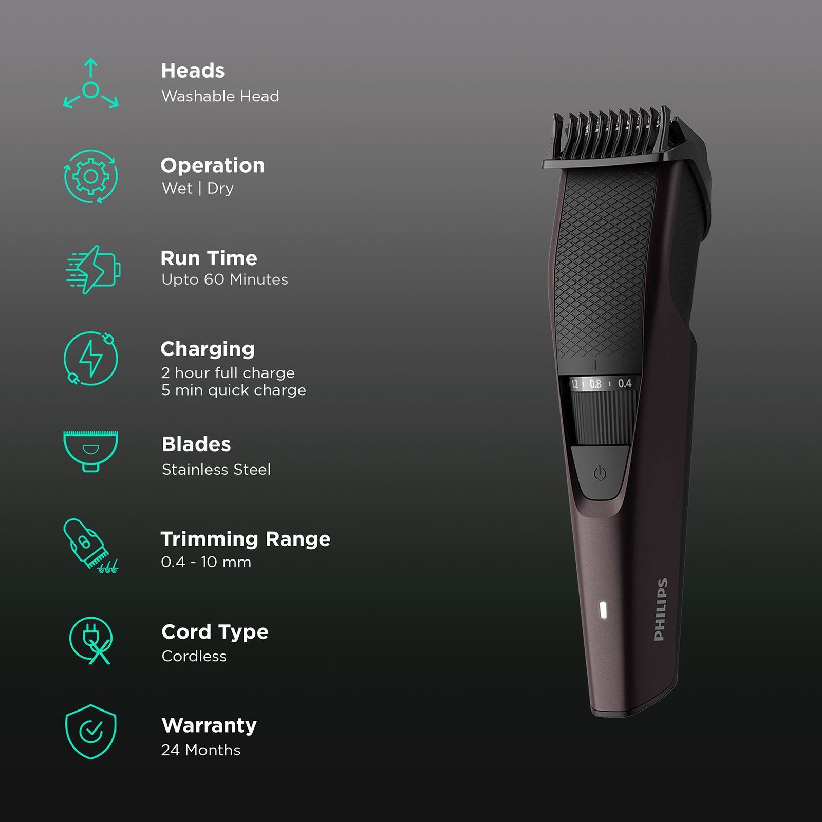 PHILIPS 3000 Series Rechargeable Cordless Wet & Dry Trimmer for Beard & Moustache with 20 Length Settings for Men (60min Runtime, LED Charge Indicator, Wine) PHILIPS 3000 Series Rechargeable Cordless Wet & Dry Trimmer for Beard & Moustache with 20 Length Settings for Men (60min Runtime, LED Charge Indicator, Wine)_2