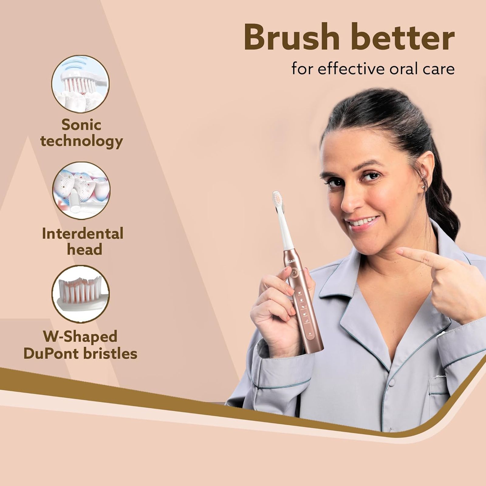 AGARO Cosmic Plus Rechargeable Electric Toothbrush with 5 Replacement Heads for Adults (Smart Timer, Rose Gold)_5