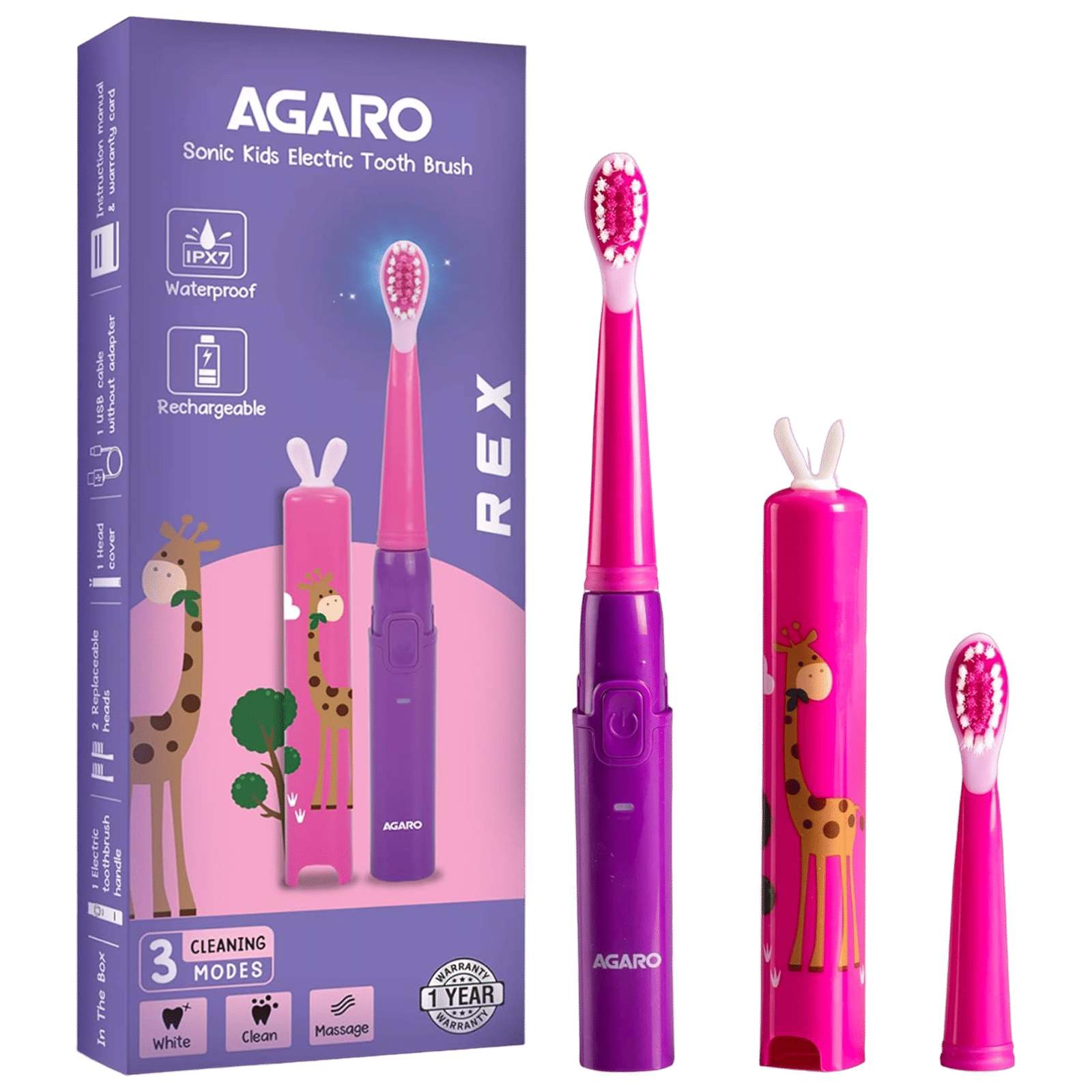 AGARO REX Sonic Rechargeable Electric Toothbrush with 2 Replacement Heads for Kids (3 Cleaning Modes, Purple) AGARO REX Sonic Rechargeable Electric Toothbrush with 2 Replacement Heads for Kids (3 Cleaning Modes, Purple)_1