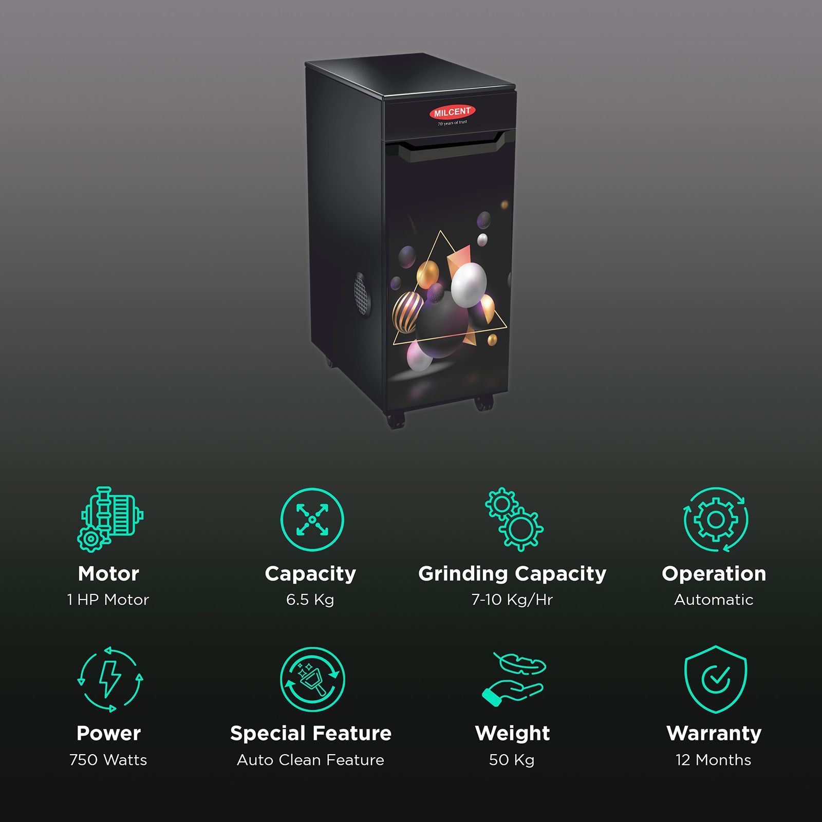 MILCENT Stylo Plus VC Pyramid 750 Watts 6.5 Kg Flour Mill Machine (Fully Automatic, Brown)_2