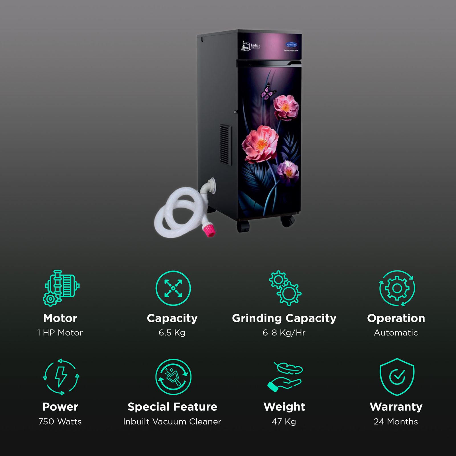 Mycro Fine Desireplus SS VC 750 Watts 6.5 Kg Flourmill Machine (With Rotar Cutter, Tropical Rose)_2