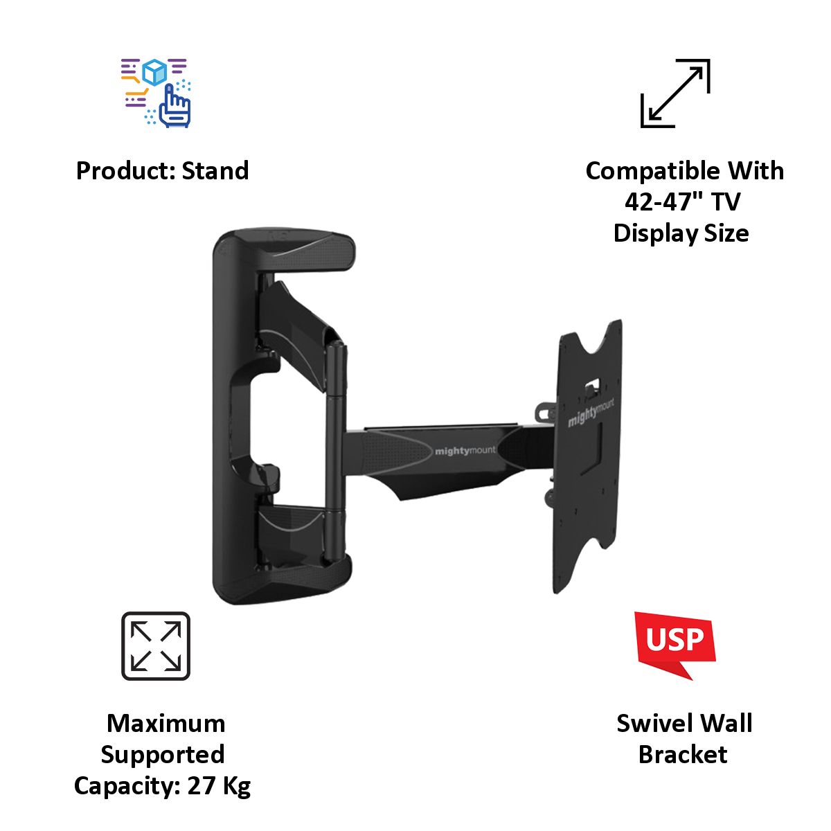 Mighty Mount Ultra Slim 40-47 inch Swivel TV Bracket (MM-47, Black)_2