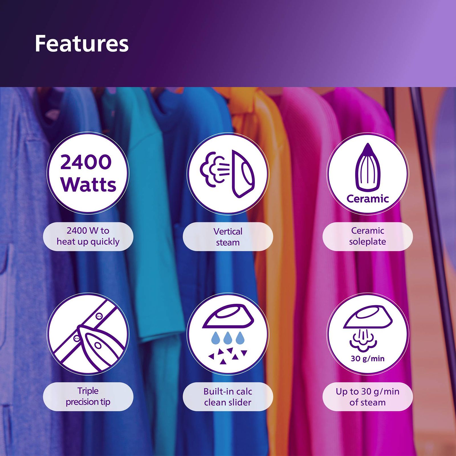 PHILIPS EasySpeed Plus 2400 Watts 270ml Steam Iron (Steam Boost, Purple) PHILIPS EasySpeed Plus 2400 Watts 270ml Steam Iron (Steam Boost, Purple)_9