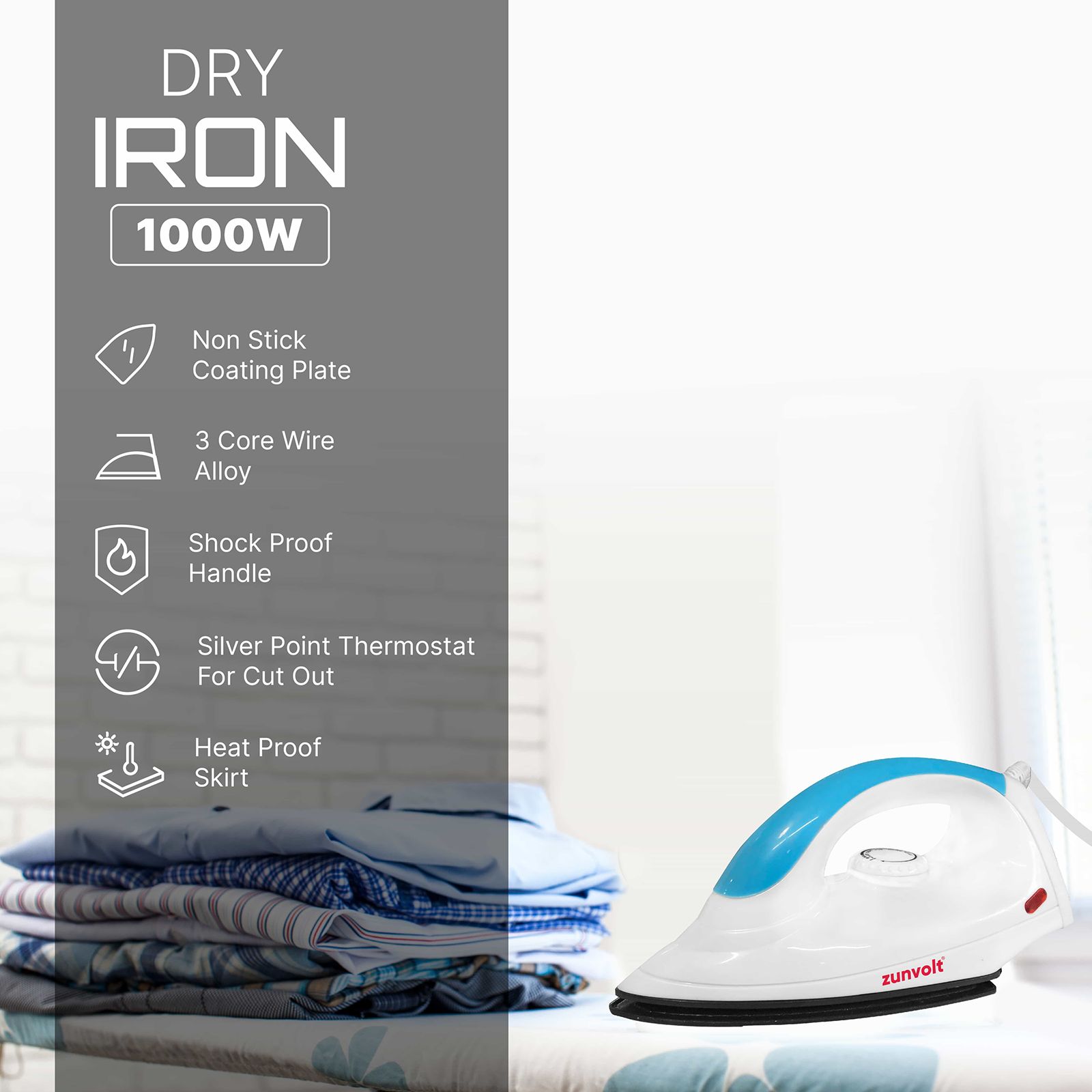 Zunpulse ZunVolt 1000 Watts Dry Iron (Auto Temperature Control, Blue)_6