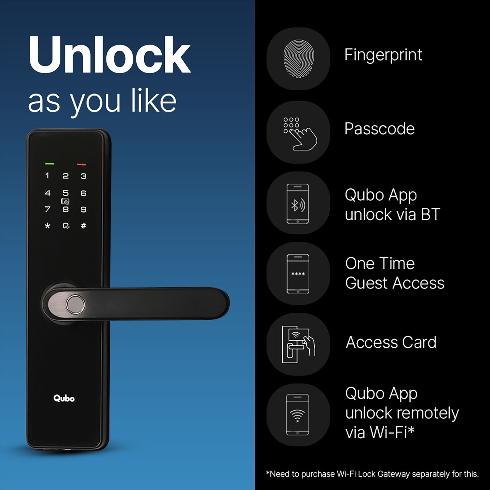Qubo Smart Locks (5 Way Unlock, OC-HLM02BL1, Matte Black)_4